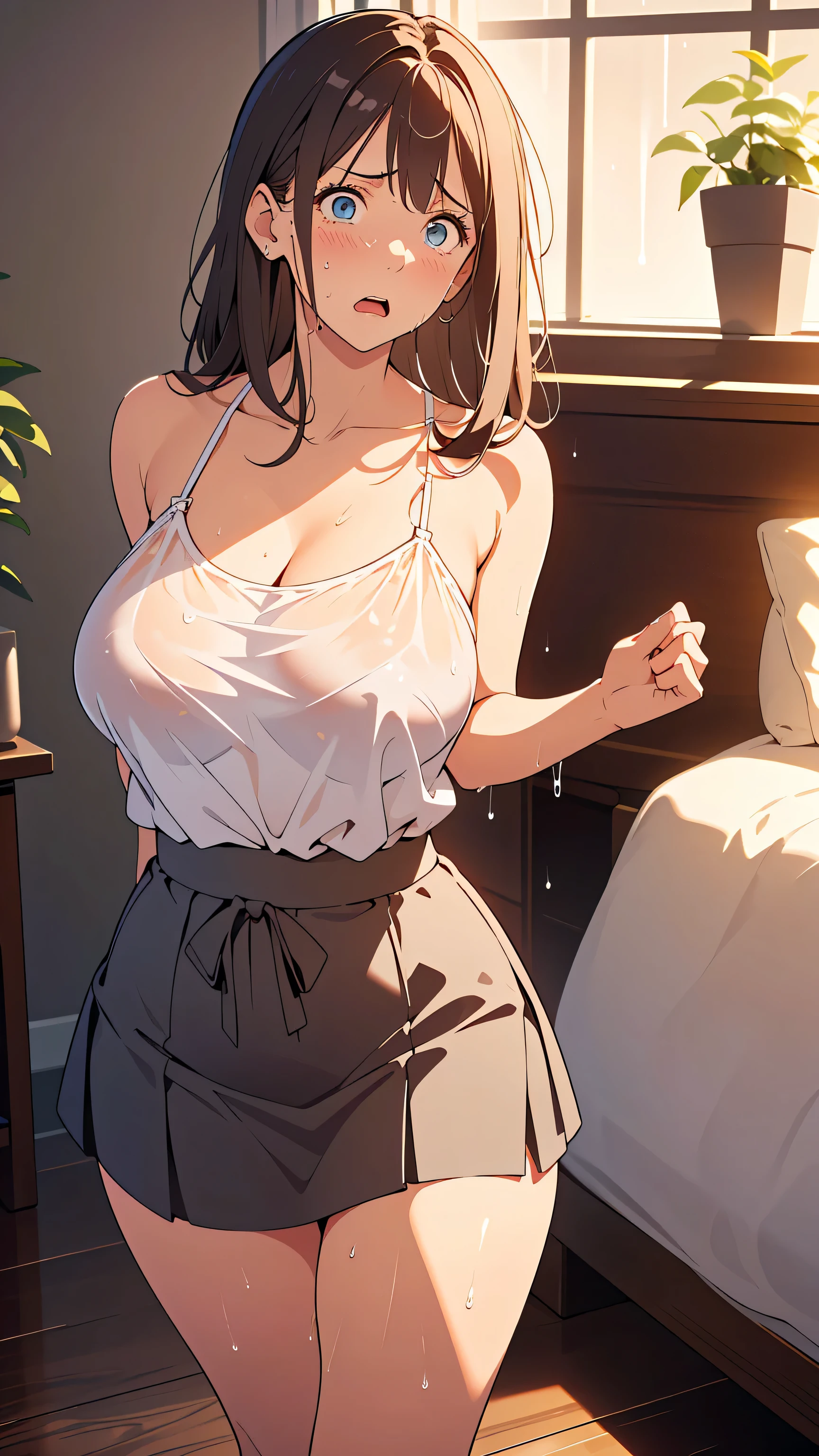 masterpiece, best quality, ((is outlined with very fine lines :1.3)), very accurate, fine section , high resolution, 8k Wallpaper, SLR camera , perfect dynamic configuration, detailed expressions , beautiful eyes down to the smallest detail, Real Costumes , (Random Color, cute, rain wet camisole , , Simple Pattern:1.3),(Wet Skirt, skirt that fits her body when wet), (random hair arrangement, long hair, ), ( big natural breasts:1.3), plump breasts , ((Model-like waist)), (28-year-old woman), (), (A panicked expression:2), natural colored lips, (Her House, her room:1.3), arriving home in a hurry, The figure of entering a room in a hurry, taking off her shoes in a hurry:2, focus on her whole body:1.5, Hair is disheveled by rain:1.5, cowboy shot,