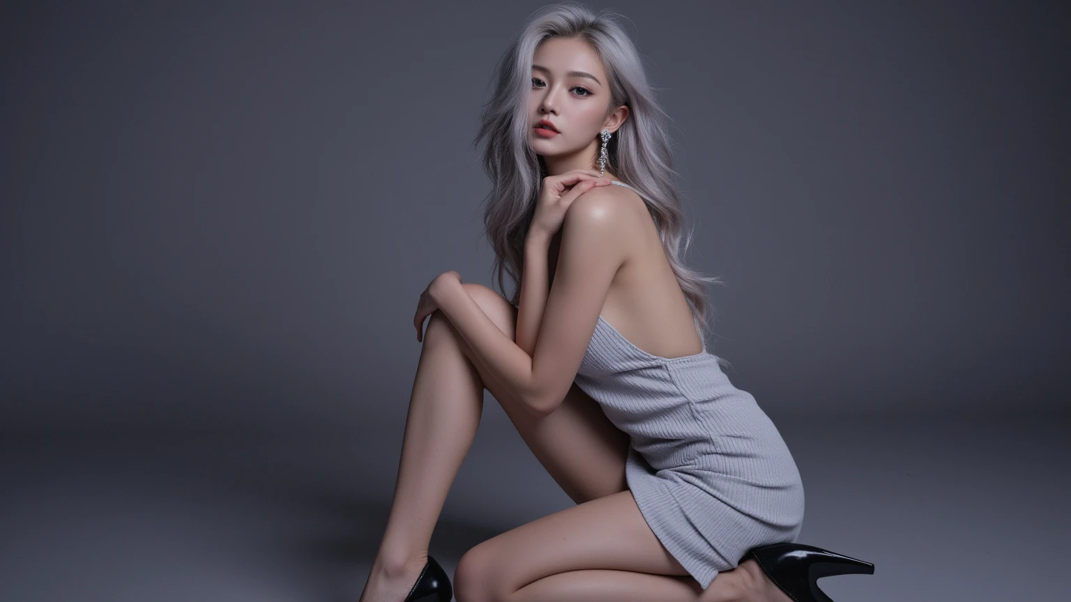 21yo girl, white hair, (wearing black dress, black stocking, garter). Dark red background