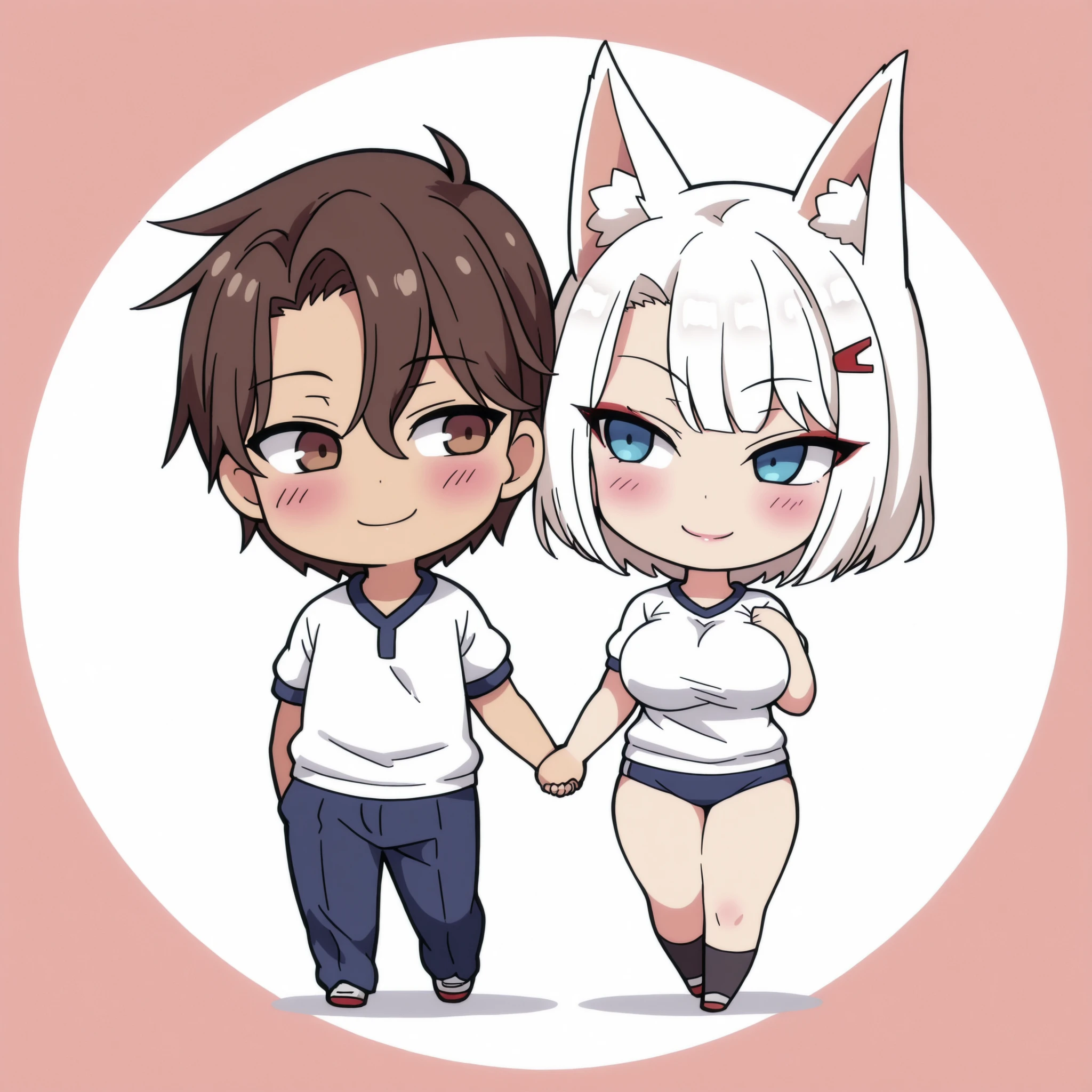 1 boy and 1 girl, 1 boy, straight, couple, dark haired boy, brown eyes, wavy brown hair, 1 girl, Kaga ( azur Lane ), fox girl, solo, white hair, short hair, Blue eyes, hairl clip, cute, holding hands, happy, blushing, high quality, masterpiece, Very detailed, high quality, high resolution, beautiful, beautiful and perfect face, Lustful smile, View your audience, school gym clothes , Big Breasts, Chibi style, full body, sexy, blush, Chibi character, standing, Chibi, sensual pose