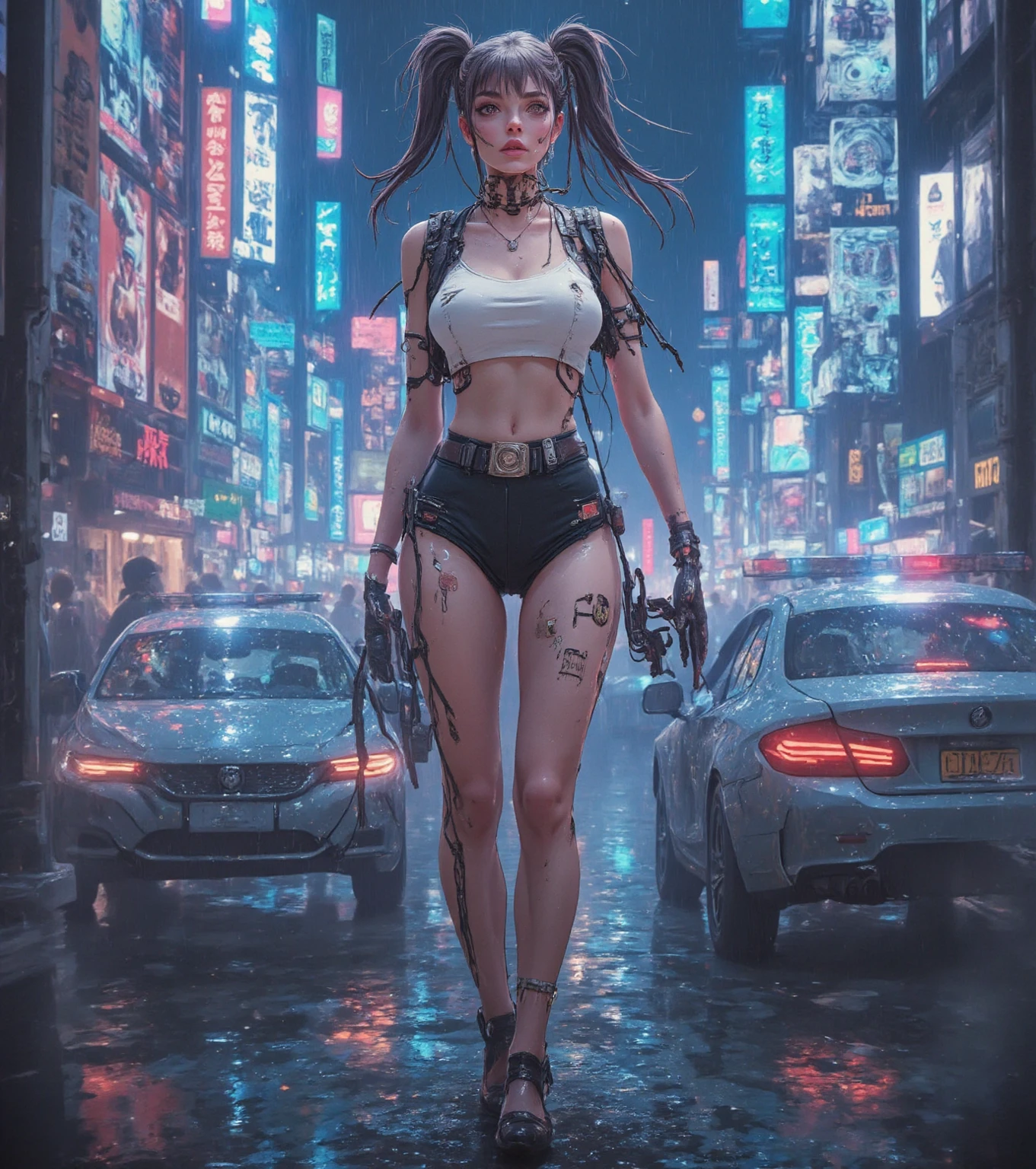 masterpiece, best quality, ((smiling)) naked girl, Cyberpunk boots, wide open jacket, no bra, body tattoo, fully naked, leaning against a car, exposed pussy, shoving pussy, hairy pussy, eye-catching accessories, trendy and innovative hairstyle, dazzling Cyberpunk cityscape, skyscrapers, neon signs, LED lights, bright and vivid color scheme, anime, illustration, detailed skin texture, beautiful detailed face, intricate details, ultra detailed, cinematic lighting, dark shadows.