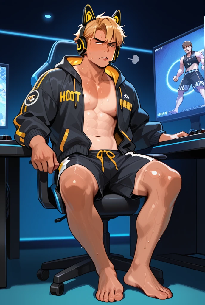 avatar,short wavy hair, white shirt,pink jacket, young male, brown eyes, night time, brown hair, smirk, golden crown, huge bulge
