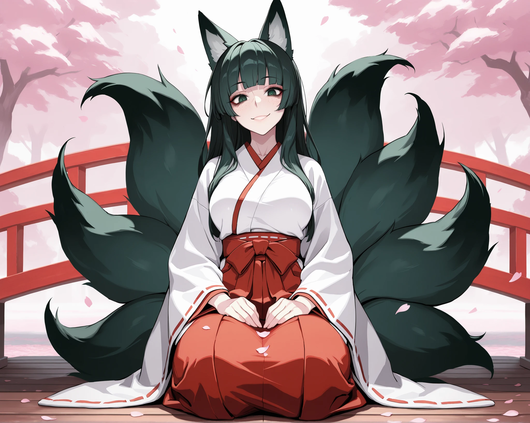 absurdres, (((Ultra HD))), (((Ultra High Quality))), ((hyper detailed)), ((Ultra High Resolution)), (Highly rendered), ((detailed eyes)), (((8K))), ((perfect face)), ((masterpiece)), cinematic, darkened, high contrast, solo, 1girl, young, thin, Kitsune, fox tails, fox ears, freckles, dark green hair, long hair, blunt bangs, smile, dark green eyes, medium breasts, miko, shrine maiden, kimono, wide sleeves, red hakama, seiza, red bridge, wooden bridge, in the middle of the bridge, lots of cherry trees, lots of cherry petals