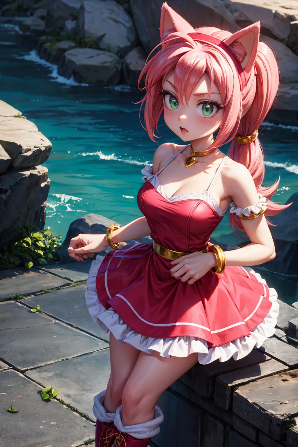 Garota Ruiva de anime em calcinha rosa e corset pink, saia, 15 anos, corpo bonito, seios grandes, com as hands on chest, hands on chest, Garota sexy, red hair with braid, mechas de cabelo laterais, mechas de cabelo na lateral do rosto, beautiful lighting, sombras suaves, olhos azuis, pernas bonitas, hair with braid, estilo anime, Ranma Chan, Autora Rumiko Takahashi, Baseado em obra de Rumiko Takahashi, Anime Ranma 1/ 2, decote sexy, quadril robusto, corpo inteiro, corpo inteiro, busto grande, garota jovem com corpo belo e bonito, sandals on his feet, garota 15 anos jovem baixa estatura, vestindo calcinha e corset pink, garota anime, estilo anime, beautiful feet in sandals, Front viewing angle 0°, ao ar livre, hair braid vermelho, grande , peito grande, hair braid, hentai