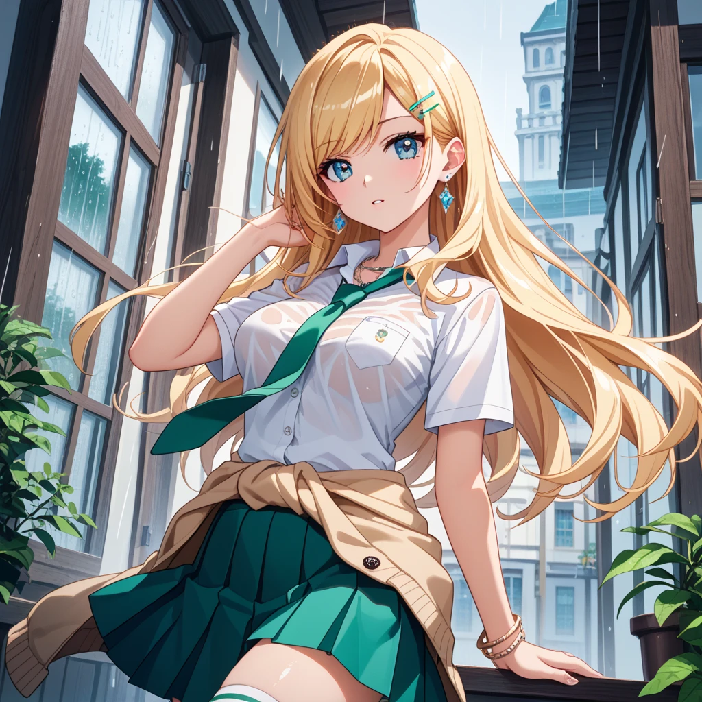 blonde hair, long hair, green eyes, happy, school uniform, short skirt, medium breast, cleavage, classroom, slim legs, navel, open clothes