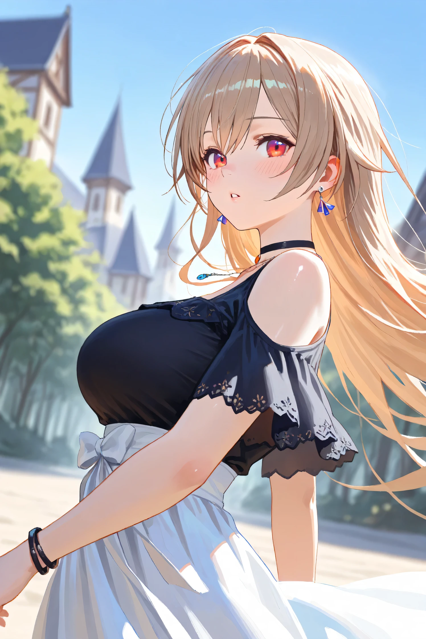 (((masterpiece, best quality))), (((superior quality))), cute girl, ((extremely detailed girl)), ((huge breasts)), maid, (bare shoulders), strapless top, (bare neck)
