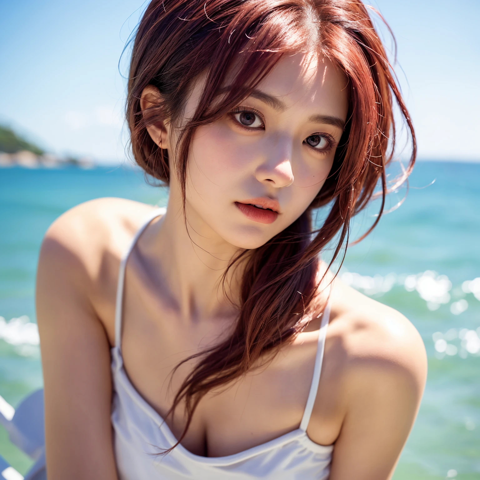 Hot girl, red hair, red eyes, in the beach