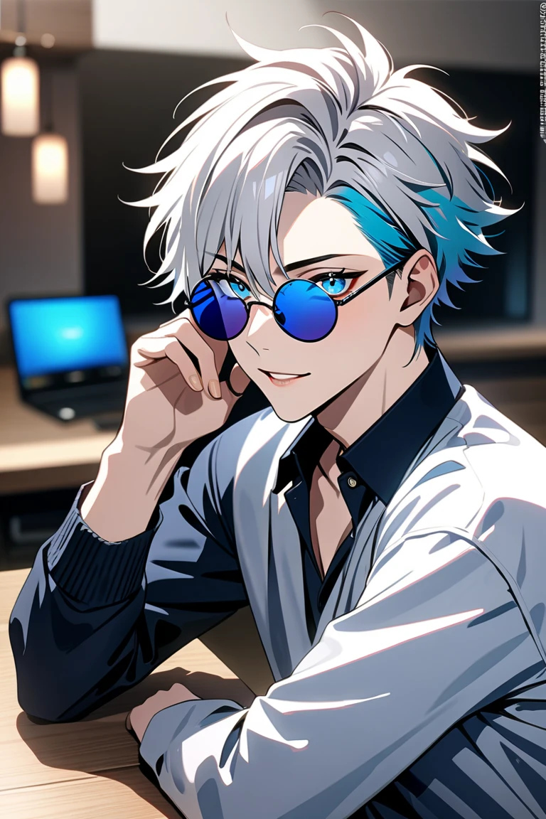  male high school student, masterpiece:1.5, masterpiece, 最High Quality, Jujutsu Kaisen,GOJO Satoru, 1 boy,  Silver Hair, casual hair, multicolor hair that matches the eye, Six Eyes,  jewelry, blue lenses that make your eyes see,Round sunglasses with, ultra high resolution, retina, masterpiece, accurate, 解剖学的にaccurate, textured skin, Super Details, Advanced Details, High Quality, 最High Quality,  Hi-Res Icon, 8k