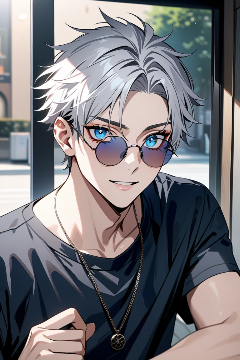  male high school student, masterpiece:1.5, masterpiece, 最High Quality, Jujutsu Kaisen,GOJO Satoru, 1 boy,  Silver Hair, casual hair, multicolor hair that matches the eye, Six Eyes,  jewelry, blue lenses that make your eyes see,Round sunglasses with, ultra high resolution, retina, masterpiece, accurate, 解剖学的にaccurate, textured skin, Super Details, Advanced Details, High Quality, 最High Quality,  Hi-Res Icon, 8k