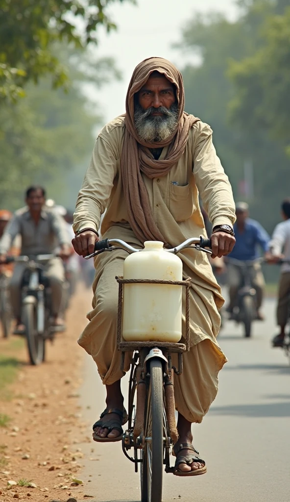 Indian Village man riding bicycle with god Mahadeva sitting on the carrier of bicycle on the river bank of Holy Ganges