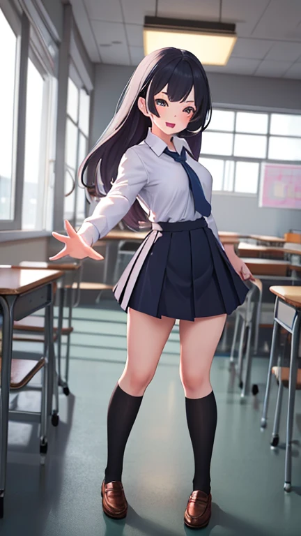 masterpiece, extra limbs, 1 girl,14years old, black long straight hair,black pubic hair,medium breasts,pink small nipples,small areolas,(tareme:1.5 brown eyes), (((delighted))), (((seifuku))),arms behind back,contrapposto, classroom,full body