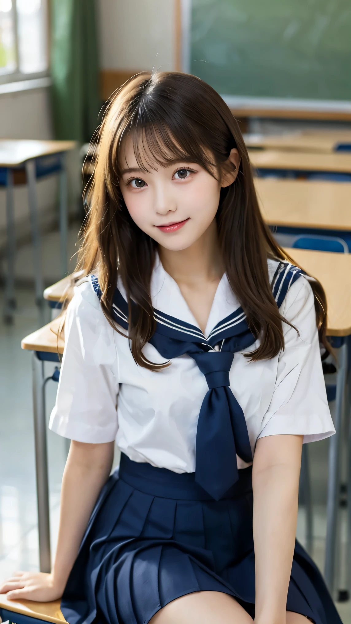 (masterpiece, Highest quality:1.2), 8K, Young and beautiful girl, 85mm,Official AR RAW Photos, Baby Face、Big in clothes 、Show me your ears、photo shoot, Cute face, Thighs, Classroom after school, Observe the audience, Embarrassing、smile、 makeup, Film Grain, chromatic aberration, Sharp focus, Face Light, Bright lighting, 10 generations, Detailed face, Background blur、((((((16-year-old high school girl))))))、Tight waist、Sailor suit、Navy blue mini skirt、Lift up your skirt with one hand'hand、White tiny panties、Wet、Spread your legs、((White panties))、((White panties))、((White panties))
