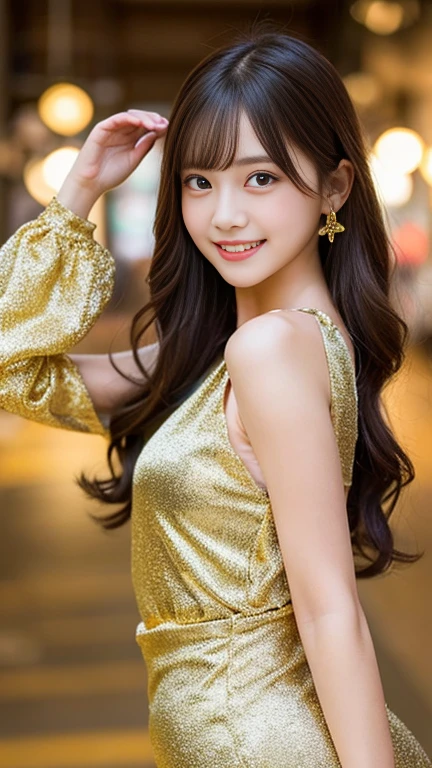A very cute face like a 15-year-old idol　Smiling Kindly　((whole body))　Medium Bust　Cleavage　Stylish evening wine bar　Cinema lighting　Natural light　Artistic　RAW Photos　Genuine　High quality that is indistinguishable from real life　Real Stick　High resolution