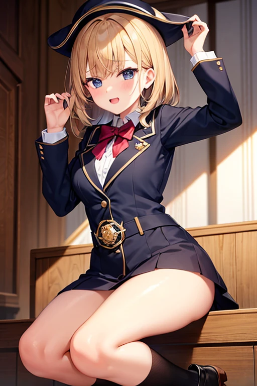 (((Spread your legs)))、((Shiny underwear)))、Uniform Blazer、Beautiful beauty、Long golden hair、((whole body))、(((Photo taken from below)))、School、classroom、Large Breastini skirt、Panties are black、Japanese、expensive、Long limbs、18-year-old、saeki kaori、A beautiful nose like a model、Please put your hands on your hips、Natural smile、Sexy pose、Hairstyle: Ponytail