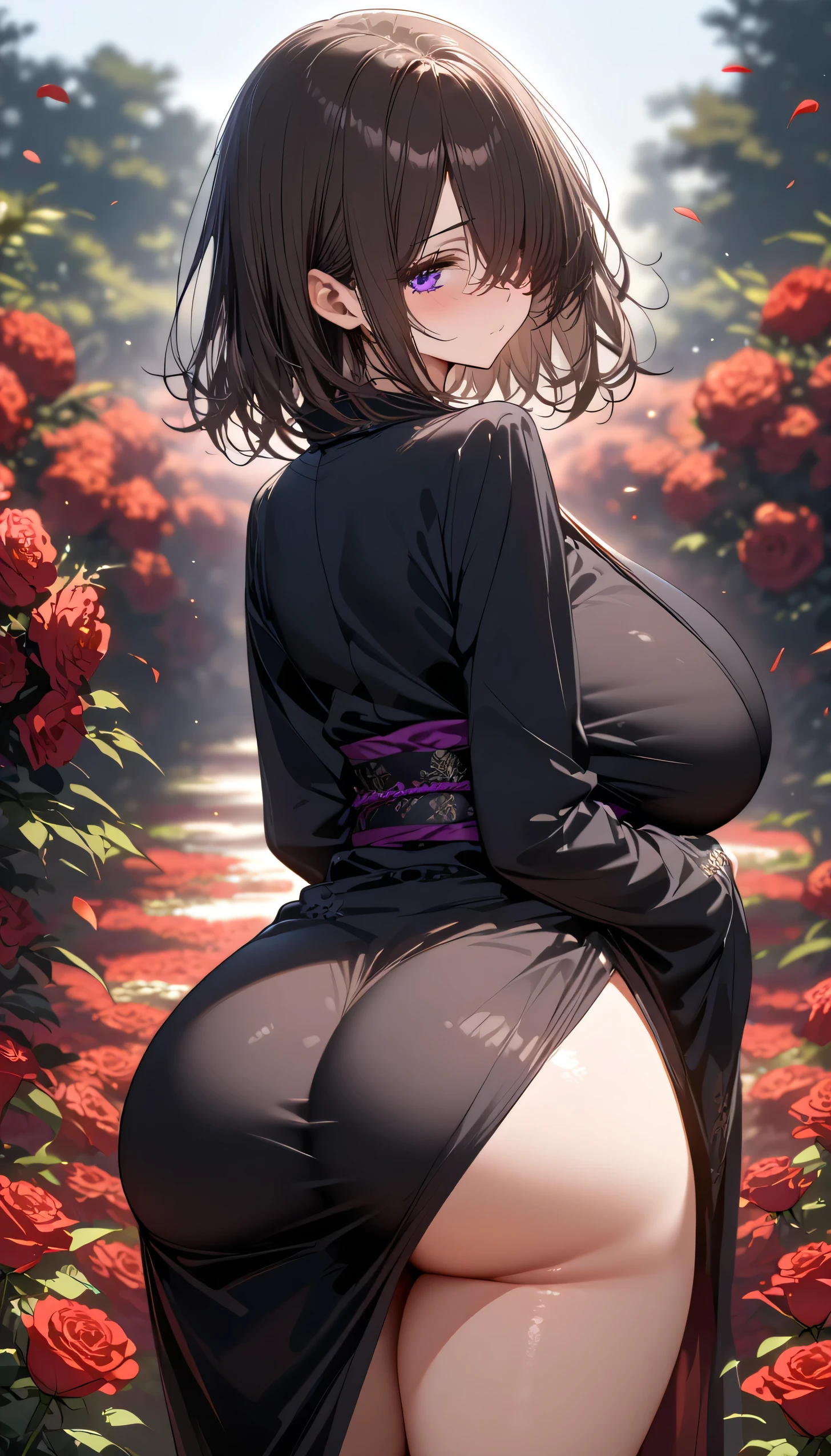 (masterpiece, Highest quality:1.2), (1girl) ,alone, ((medium hair)), bangs ,((dark brown hair)), (straight hair), ((hair over face)), (hair over one eye), (hair over right eye), detailed eyes, ((purple eyes)), (huge breast), high detail, bloom, (black kimono), ((detailed face)), (beautiful effects), red flowers, rose field, petals, bare legs, view from behind, ((ass)), ((bare ass)), pussy, standing