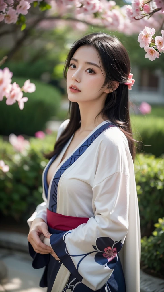 A seductive and mysterious girl with long dark hair, big breasts:0.8, slander body, dressed in traditional Japanese clothing, standing in a moonlit forest. The illustration is inspired by the character Ragawa Kiriko from the manga series "Akatsuki no Yona". The artwork is highly detailed and realistic, with intricate patterns on her kimono and soft lighting. Created by artist WLOP using digital painting techniques. (Concept art, 4k resolution)