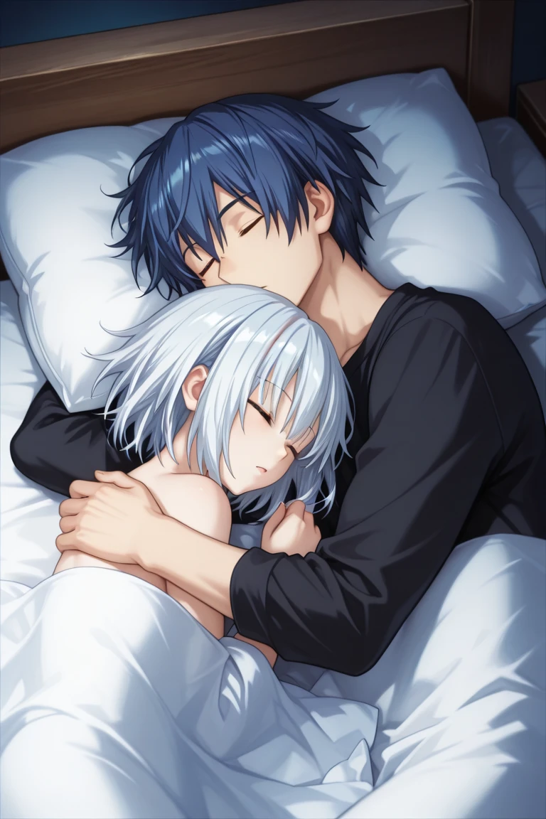 Shido , Tobiichi, sleeping together, hugged, couple, dark room.