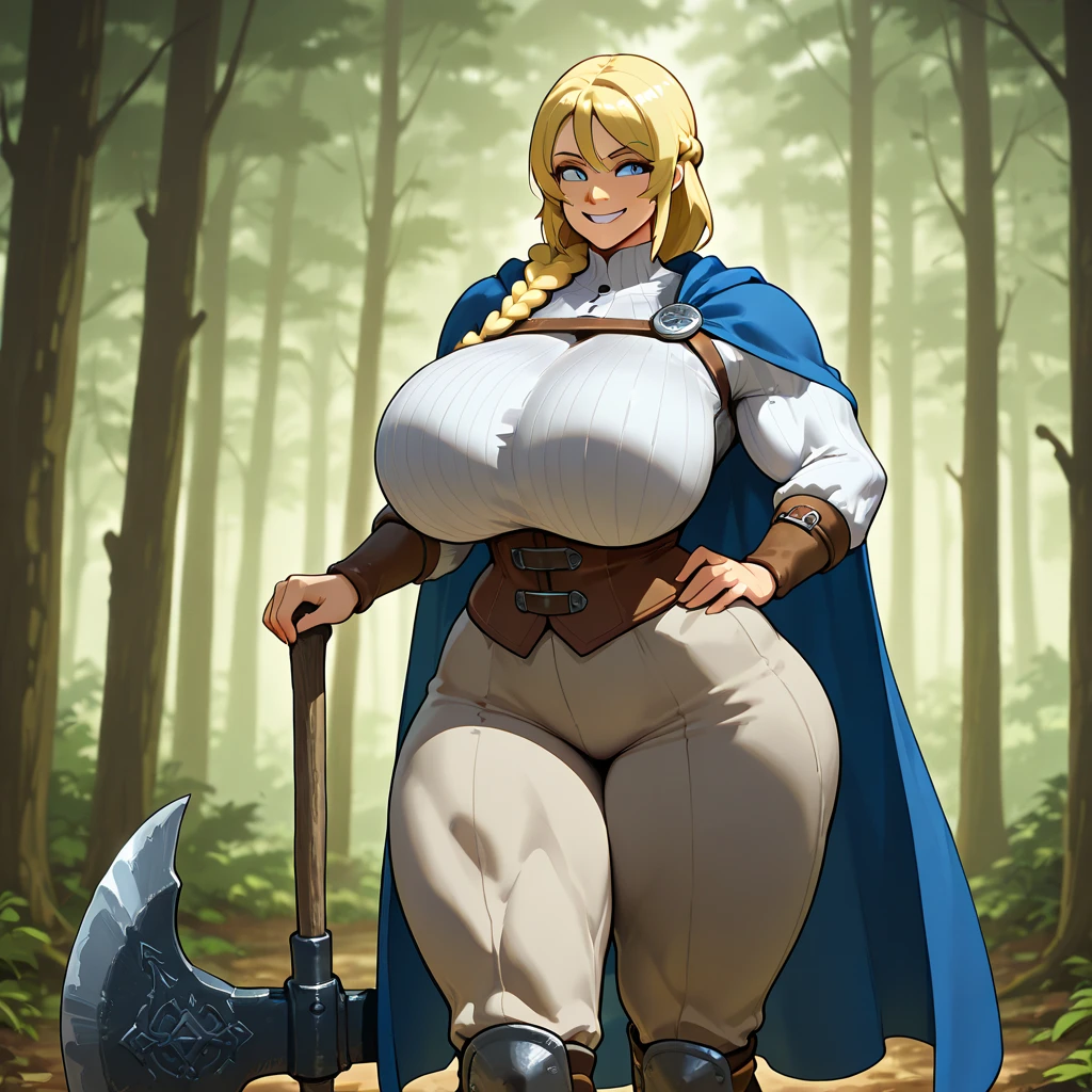 Medieval mercenary bimbo lady, mature woman, sexy, long straight blonde hair, hair covering one eye, big puffy bimbo lips, pouted lips, squinting eye, ((NSFW)), ((Full body)), ((gigantic breasts)), ((sagging breasts)), wide hips, thick thighs, huge ass, detailed background, 
