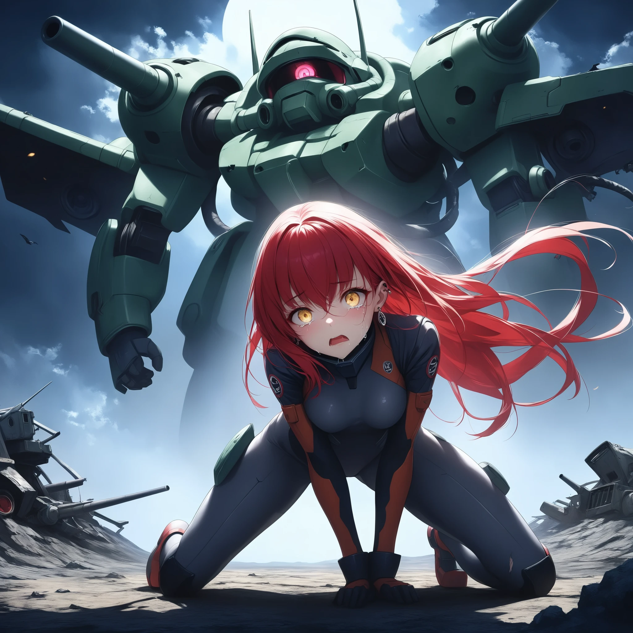 ((extreme quality)), ((Masterpiece)), (( Enrich the picture, Masterpiece level quality)), red hair , Mid-length Layers hair, medium breasts , golden eyes , fierce woman , extreme eyes details, raw 4k, perfect proportions , extreme hair detailed, extreme cloth detailed, extreme detailed , extreme background detailed, Epic background, Extreme Epic background, Movie scene, Realistically, Extreme Realistically, extreme resolution, ((great effect to highlight the subject)) , ( cinematic lighting , moody , textile shading) , perfect proportions , extreme detailed , volumetric lighting , soft lighting , glossy skin, glossy hair, beautiful face , extreme face details, Detailed facial features , Long eyelashes, Incredible atmosphere, Fascinating setting, dynamic pose, red eyeliner, ear rings , eef flight suit, kneel, holding pilot helmet on knee, crying, sad face, bite lip, bend face down, night sky, beautiful sky, screaming, (( damaged machinery, ruined zaku, behind heroine,))