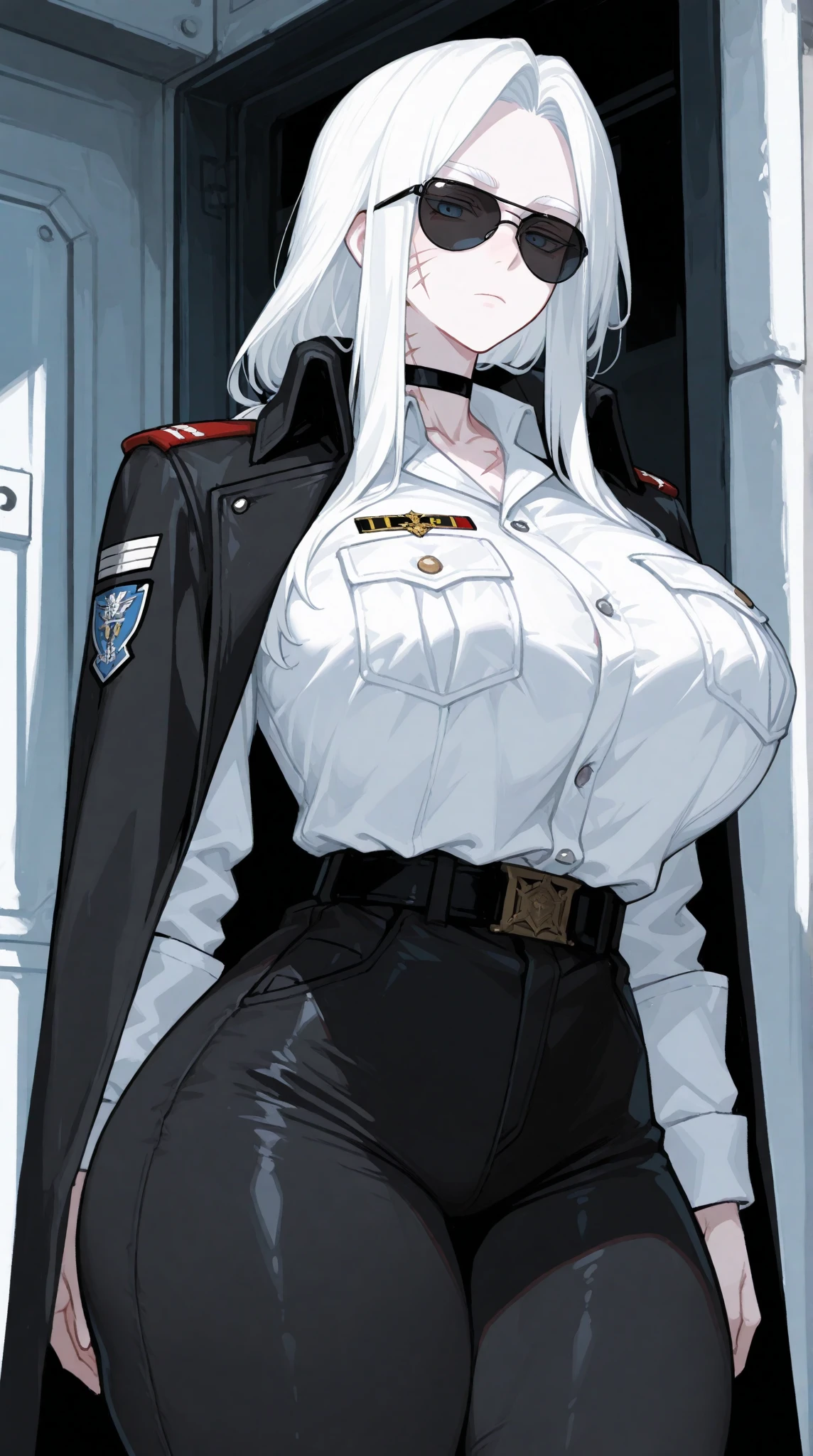 Two Girls, Couple, bangs, salute, Hands on hips, Gold earrings, Large Breasts, jewelry, military cap, (uniform), (epaulet), Jacket, Harness, Thigh straps, Black thigh-high boots, (Pencil Skirt), mini skirt, corruption, Hollow Eyes, Half-closed eyes, Wicked Smile, No students, Grin, ((Mature Woman)), Mature Woman, Married women, (Dark Theme:1.2), Dark person, Skin Dentition, Chubby, Sensual, Thick thighs, Wide Hips, from the front, (chromatic aberration, Intricate details), Dynamic Angle、Grin、With a creepy smile, A smile with downturned corners,Open your chest wide