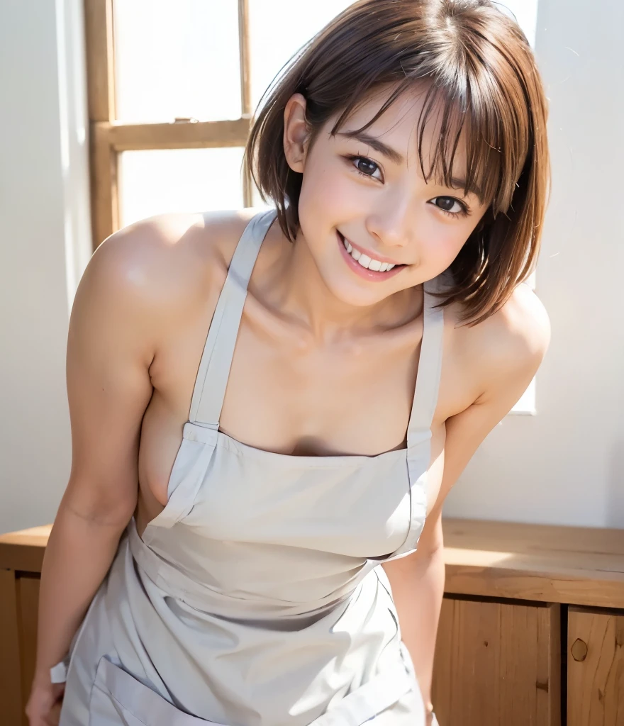 (sfw:1.8、best quality、masterpiece、 Super fine)、Clear Photo、(photorealistic:1.6)、natural light、 so cute、 cute Yuki Yoda 、babyface、( small breasts:1.6、 Flat chest:1.6、 thin waist、 very short hair :1.6、brown hair、smile、delicate face、beautiful skin、( naked and wearing an apron:1.4)、( lean forward:1.6 )、 Standing in the Kitchen 、 Up to the knees :1.8、(Anatomically complete、 charming)