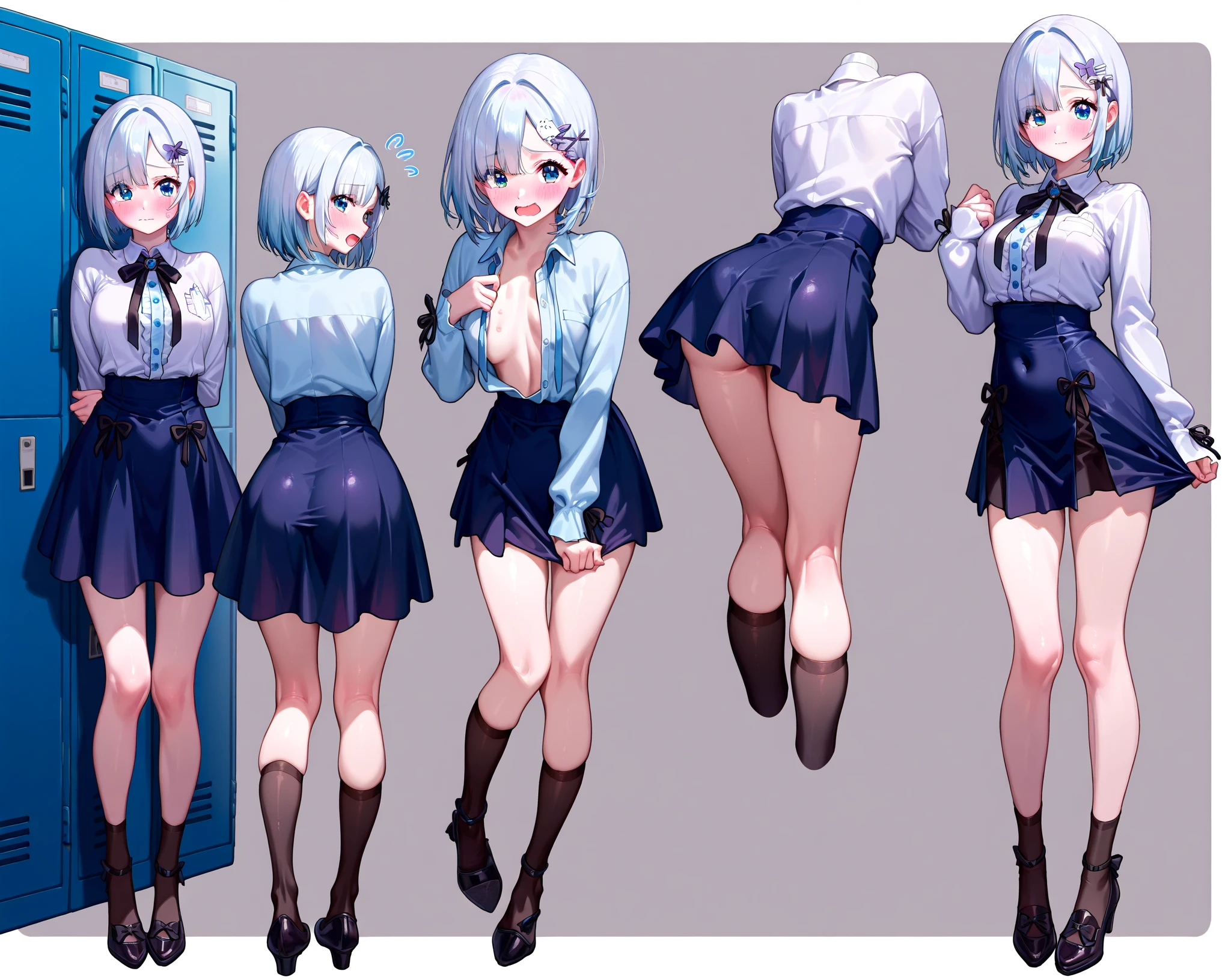 (solo), 1 skinny girl standing, swaying back, BREAK, show off large breasts, bursting breasts, (show off cleavage), very short torso, (skinny too narrow waist), (very skinny legs), stretch legs, BREAK, (short dirndl), (frilled too short skirt), (show off thigh gap), stiletto heels, BREAK, nose blush, orgasm, (nsfw:0.3), covered erectile nipples, (heavy breathing)