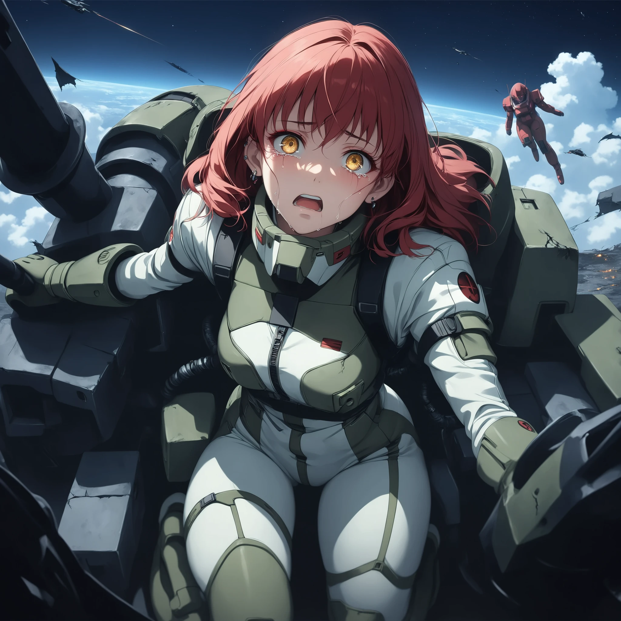 ((extreme quality)), ((Masterpiece)), (( Enrich the picture, Masterpiece level quality)), red hair , Mid-length Layers hair, medium breasts , golden eyes , fierce woman , extreme eyes details, raw 4k, perfect proportions , extreme hair detailed, extreme cloth detailed, extreme detailed , extreme background detailed, Epic background, Extreme Epic background, Movie scene, Realistically, Extreme Realistically, extreme resolution, ((great effect to highlight the subject)) , ( cinematic lighting , moody , textile shading) , perfect proportions , extreme detailed , volumetric lighting , soft lighting , glossy skin, glossy hair, beautiful face , extreme face details, Detailed facial features , Long eyelashes, Incredible atmosphere, Fascinating setting, dynamic pose, red eyeliner, ear rings , eef flight suit, kneel, holding pilot helmet on knee, crying, very afraid face, afraid eyes, bite lip, bend face down, night sky, beautiful sky, screaming, (( damaged zaku, ruined zaku, behind heroine,))