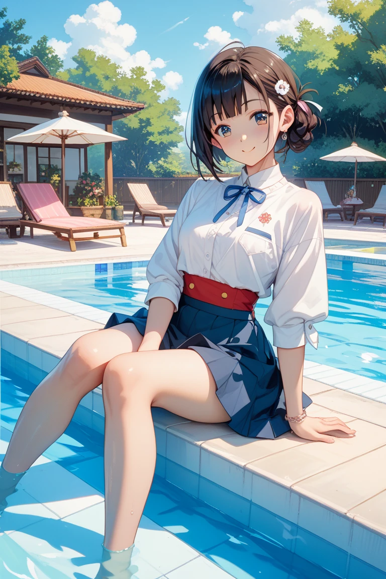 A captivating scene featuring a beautiful anime-style Japanese middle school cute girl with distinctive facial features, Spring wonderland background. Cute Japanese middle school girl styles her black hair into a short bob, single eyelid, Hooded, humid, Deep Set, Striking, deep pink, captivating eyes. Her face turns into a gentle smile. legs are very thin. Thin thighs. Small hips. She used Japanese junior high school uniforms as her motif.、She is wearing clothes with a very cute design.. The poolside is depicted in the background.. Filming her playful bouncing action, Adding joy to the scene. By combining these elements、The result is a masterpiece of exceptional quality.。. Bast size is very small.