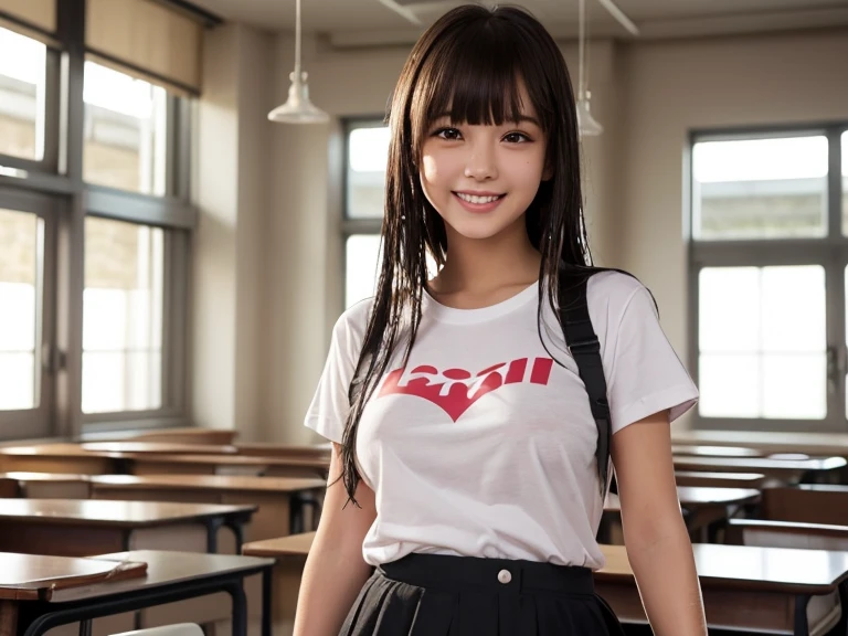 Highest quality、Highest quality、16K quality、Highly detailed figure、Highly detailed face、Highly detailed eyes、Highly detailed nose、Highly detailed facial expressions、Highly detailed full body、Being in reality、16-year-old girl、main character、white、Short sleeves、Round neck、The school emblem is on the left chest.、Gymnastics uniform T-shirt、Close to the skin、Tight、High school student plaid skirt、16 year old girl's breasts、Full body photo、Are standing、Emphasizes the beauty of thigh muscles、Full body photo、black tights、School classroom、Front view