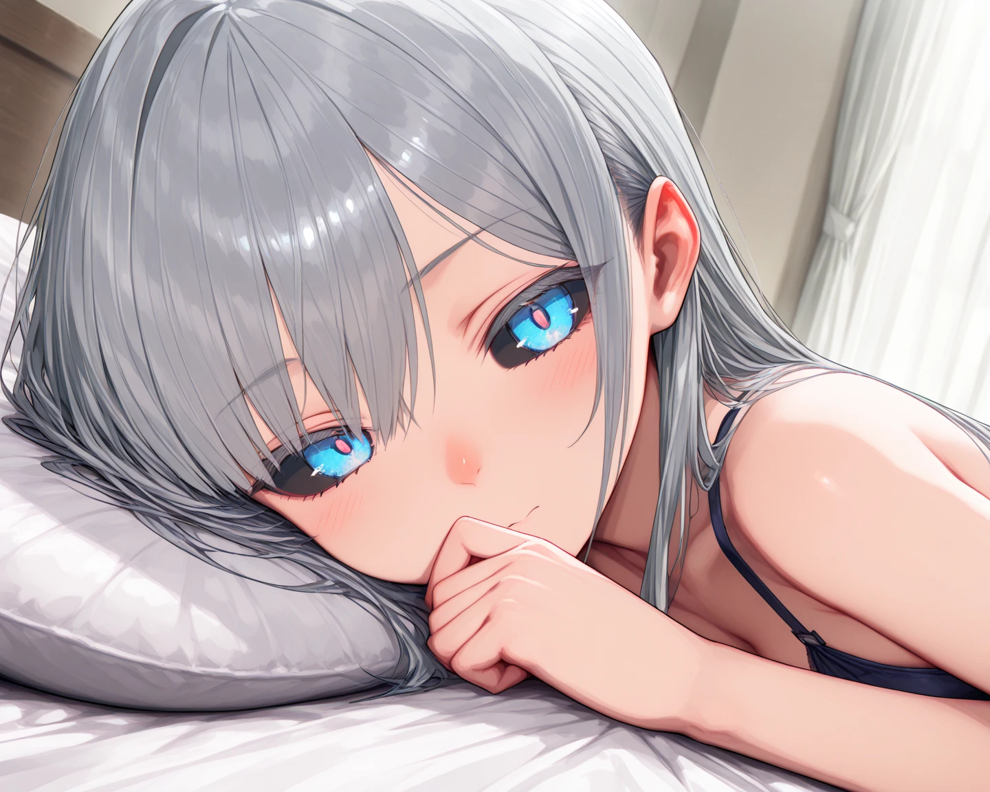 Girl, white hair, bright blue eyes, smile, blue lingerie, laying down on a bed, deep blue panties