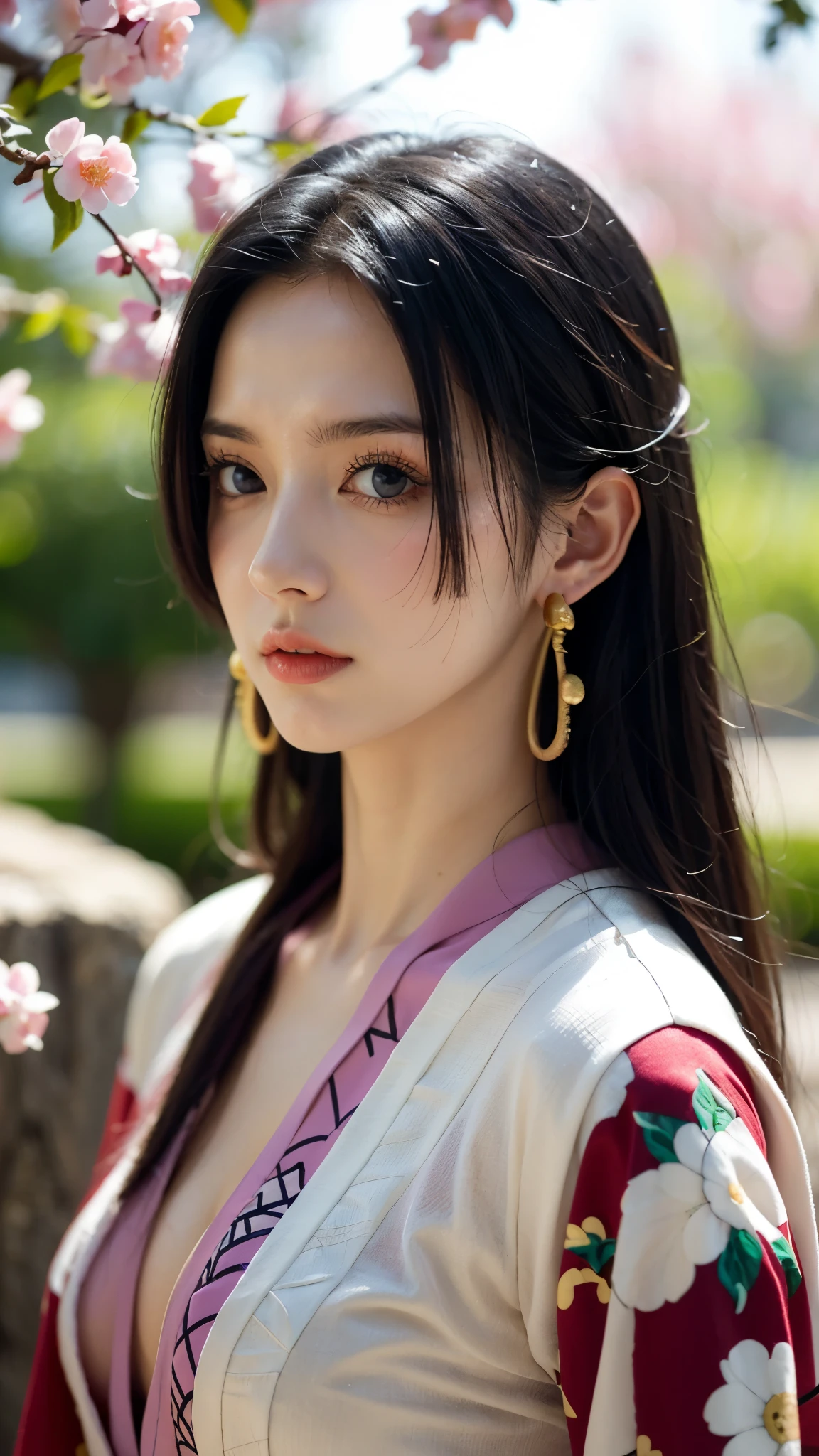 Original photo:1.2),(Realistic:1.4),Beautiful detailed girl,Very detailed eyes and face,Beautiful details in the eyes,Ridiculous,incredibly Ridiculous,Very detailedな,High resolution,Very detailed,Highest quality,masterpiece,figure,Very detailed,CG,Unified,8k wallpaper,wonderful,The finer details,masterpiece,Highest quality, Perfect lighting,1 Girl, (((Boa Hancock))), Long Hair, Epaulettes, Cape, Red crop top, Side slits, Cowboy Shot, Background Tokyo
