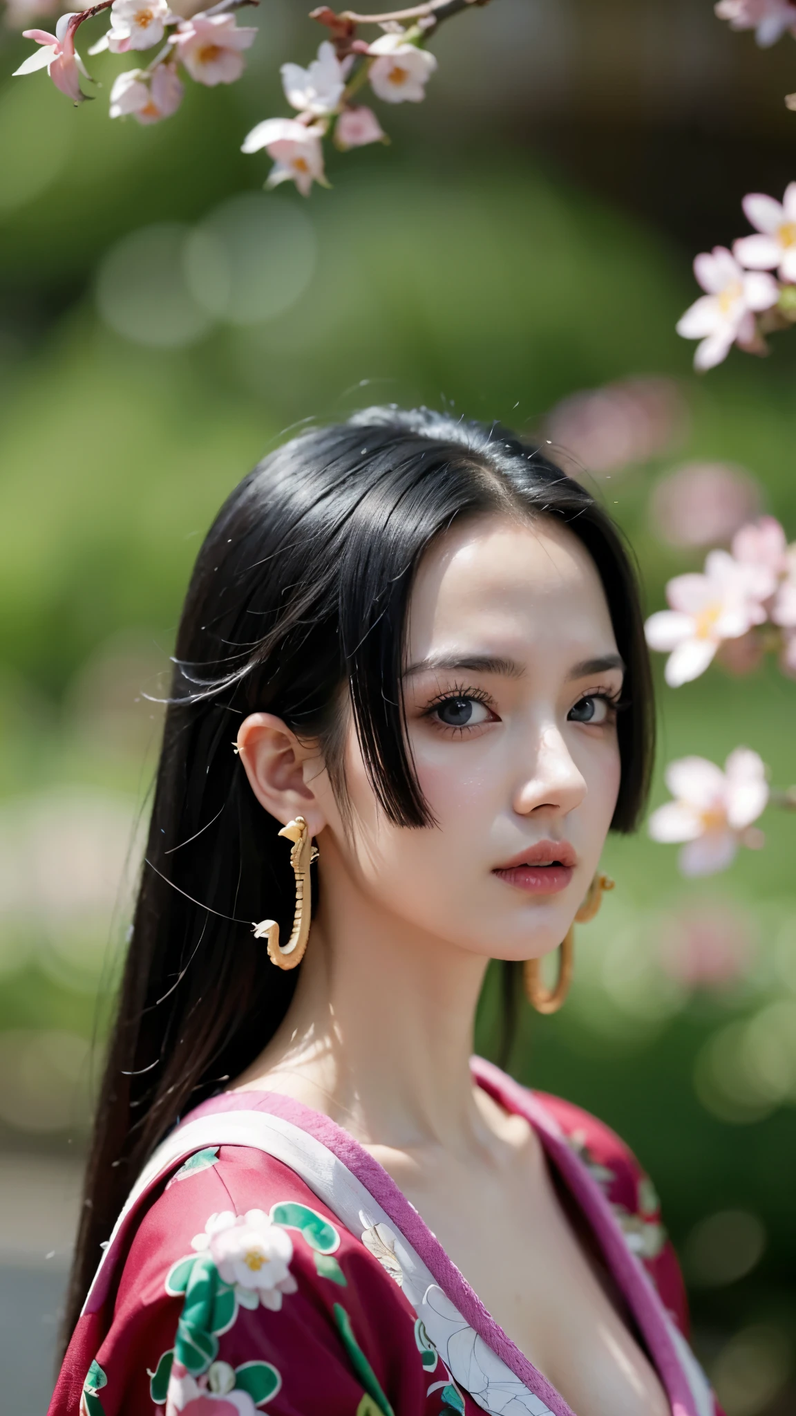 "Create a hyper-realistic and detailed portrait of Boa Hancock from the anime One Piece, reimagined in real-world style. She is wearing an elegant, traditional Japanese kimono with modest and graceful design — no revealing elements. The kimono features intricate floral patterns in deep indigo and soft gold tones, with a matching obi tied in a formal style. Her long black hair is styled in a classic Japanese updo adorned with subtle hairpins. Her expression is calm and dignified, with a soft natural makeup look. She stands in a serene traditional Japanese garden, with cherry blossoms gently falling around her. The lighting is soft and natural, capturing the delicate textures of the silk fabric and the peaceful ambiance. Ultra-realistic, high detail, cinematic lighting, respectful and serene atmosphere."