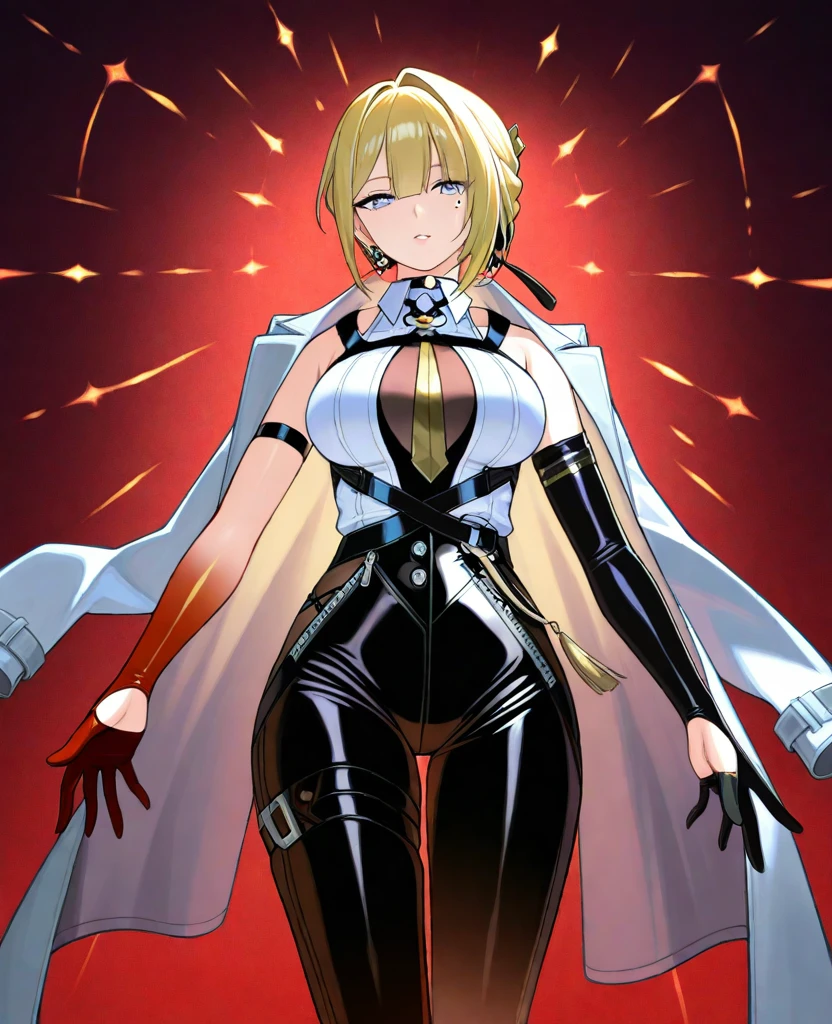 Female wearing tight gantz suit armor torn apart, black collar, corset, navel, abs, single braid, blonde, yellow glowing eyes, bright pupils, eye focus, red cape, temple indoors, stained glass windows, night, moonlight, particles, light beam, chromatic aberration, (full body, whole body. 1solo (girl) slave fighter, loincloth standing, hands on hips full body, whole body, 1solo (girl). slave fighter, standing, hands on hips, choker, big belt, view from below, feet together, bracers, tiara)