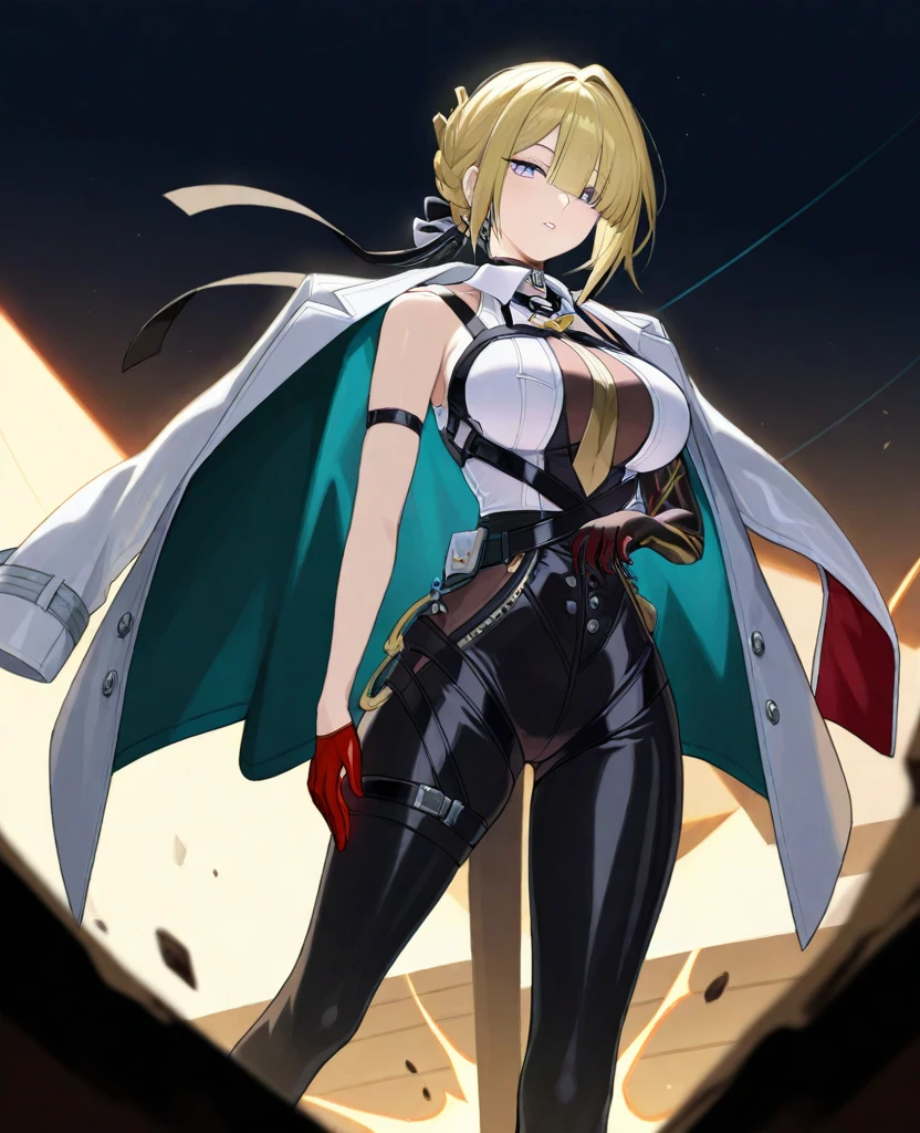 top-quality、extremely delicate and beautiful、femele、Wearing a black cloak。Colossal tits、Black Bikini Bra、Yellow military cap、Thunder properties、a blond、short-haired、Yellow eyes、Navel、Black miniskirt、Belt at waist