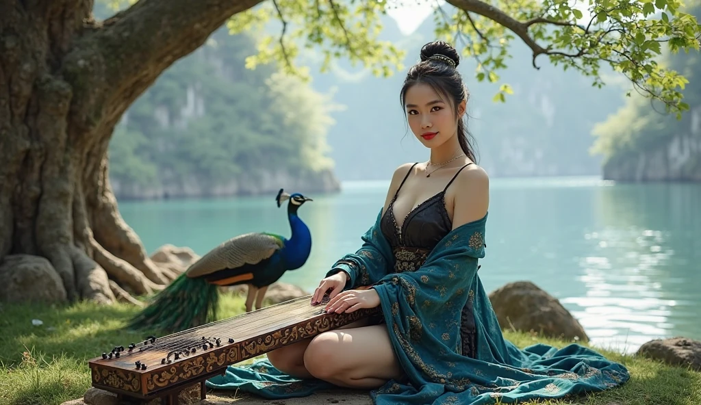 (masterpiece, best quality:1.2),1girl, bare shoulders, black hair, blurry background, bracelet, breasts, brown eyes, collarbone, depth of field, earrings, strapless dress,peacock,Metal Bracelet ,Peacock standing on its arm,Chinese Dai ethnic clothing, eyelashes, hair ornament, jewelry, lens flare, lips, looking at viewer, midriff, realistic, solo, upper body