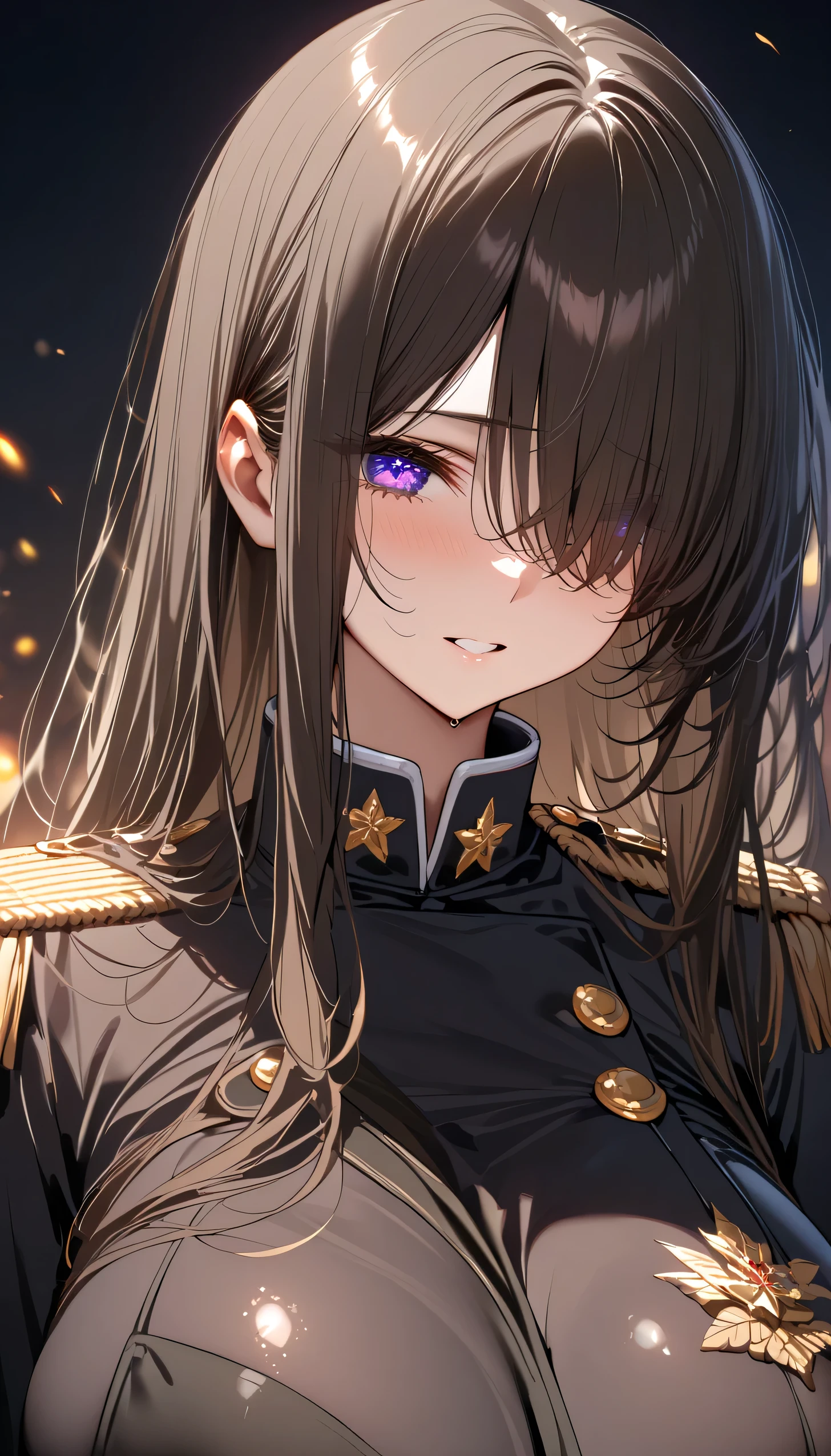 (masterpiece, Highest quality:1.2), (1girl), alone, ((long hair)), (dark brown hair)), (straight hair), ((hair over face)), (hair over one eye), (hair over right eye), (), (purple eyes), detailed eyes, high detail, bloom, ((detailed face)), (beautiful effects), ((huge breast)), (black military uniform),