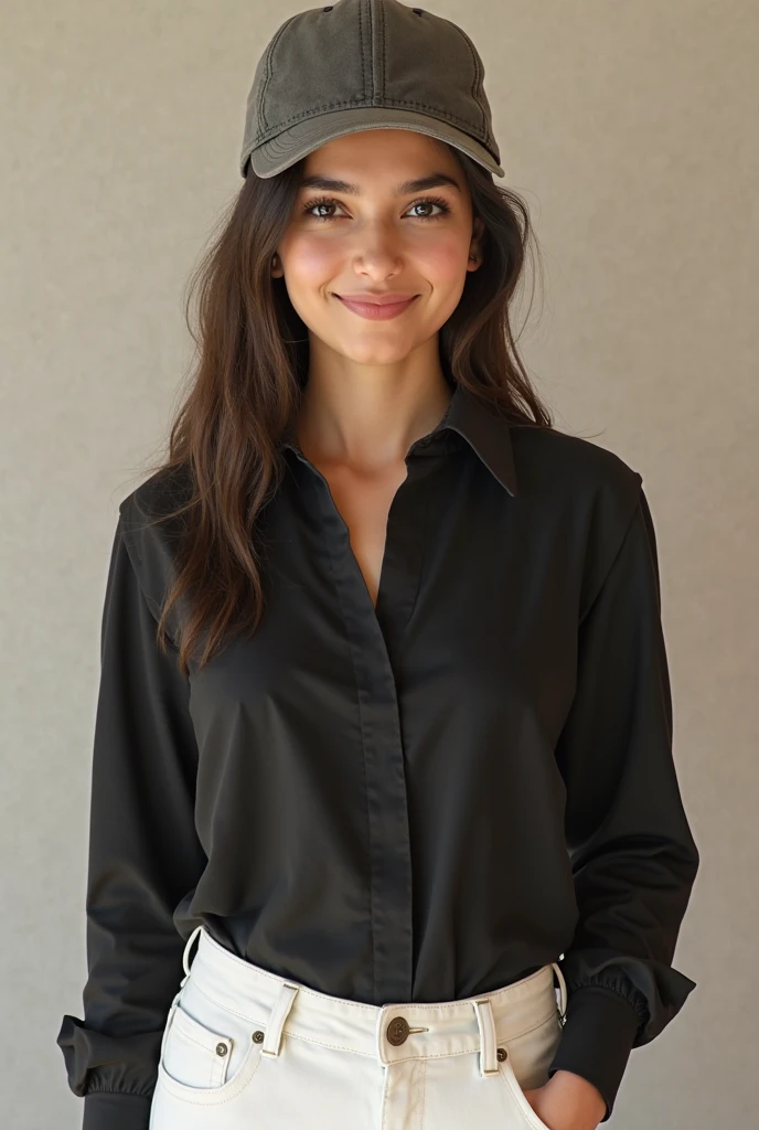 24  old single realistic Pakistani girl standing straight with black shirt looking professional and white background with neat long hair tight poni