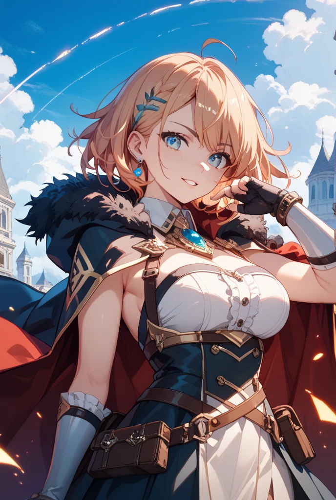 Anime illustration、highest quality、female knight、leather armor、Perfect proportions、Large castle、Large city gate、Very thick legs、Beautiful, shining eyes、Cowboy Shot、smile、Noise Reduction
