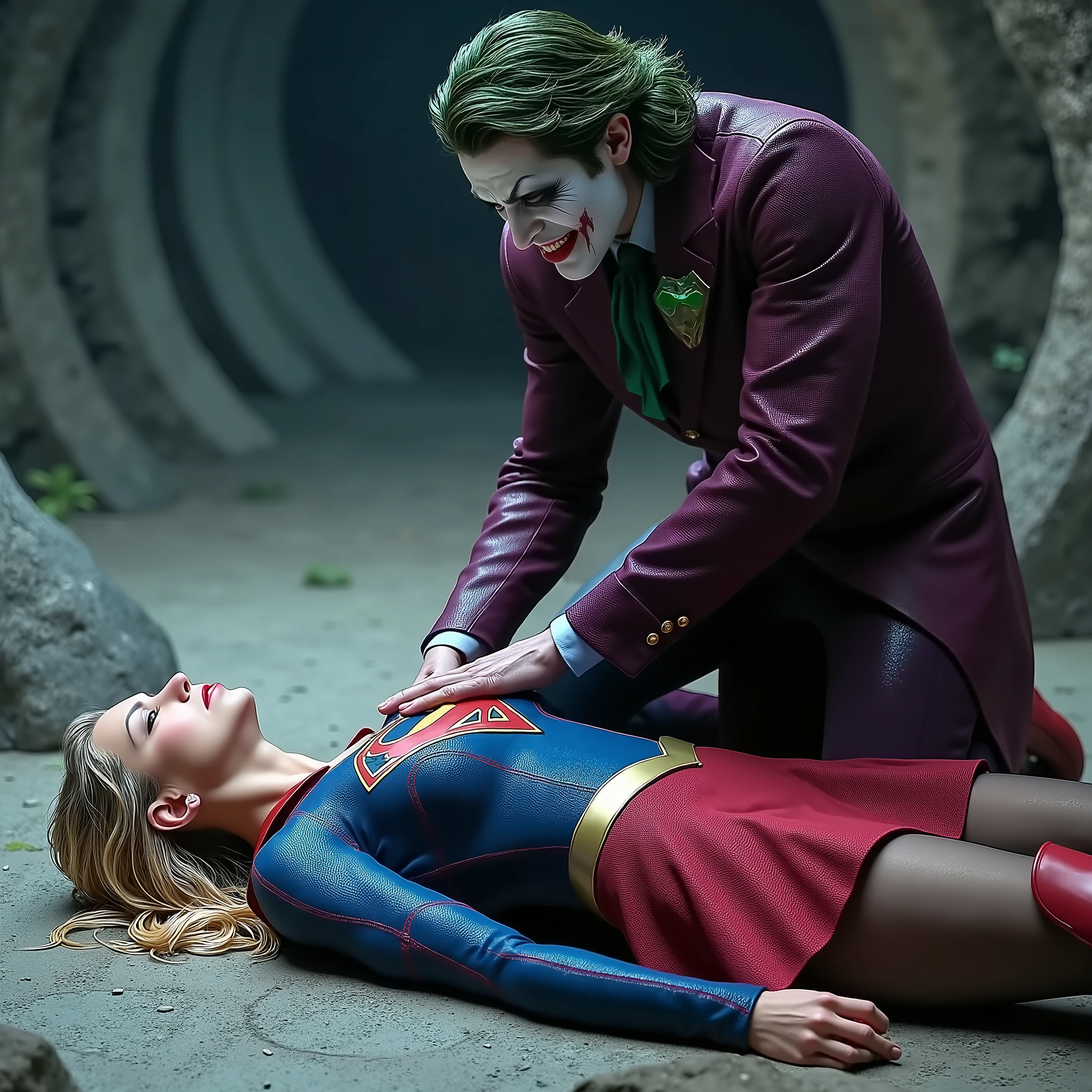 Supergirl is lying flat on the dirt, very bright white skin, can see whole body, She is wearing a thin black pantyhose, very short red skirt, flipped up skirt, red knee height long boots, blonde hair, unconsciousness, eyes close, painful face, Joker is bending over to Supergirl body, left hand touch her thigh under her skirt, right hand touch her breast, photorealistic, hyperrealism, night time, underground cave,
