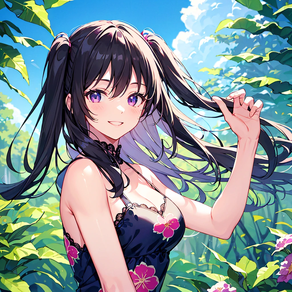 masterpiece, best quality, high quality, extremely detailed, very delicate and beautiful, (1 female 18 years old solo:1.3), (long black hair up to waist with two side up:1.4), bangs to eyebrows, eyes (eyes sharp, strong glossy glossy eyes, eyebrows glossy, (eye color magenta:1.3), 6.5 head height, (bikini swimsuit with summer flower print:1.3), (standing), (dynamic pose), (background summer river and forest:1.3), (blue sky), (upper body:1.3)