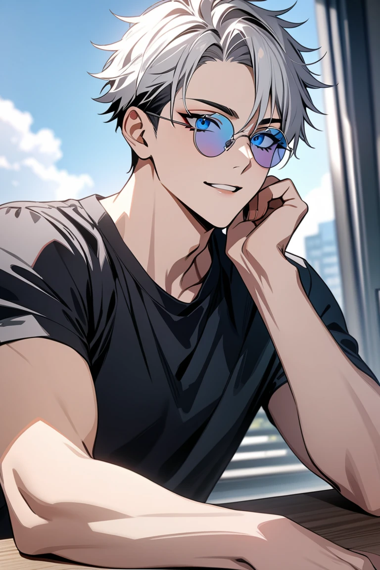  male high school student, masterpiece:1.5, masterpiece, 最High Quality, Jujutsu Kaisen,GOJO Satoru, 1 boy,  Silver Hair, casual hair, multicolor hair that matches the eye, Six Eyes,  jewelry, blue lenses that make your eyes see,Round sunglasses with, ultra high resolution, retina, masterpiece, accurate, 解剖学的にaccurate, textured skin, Super Details, Advanced Details, High Quality, 最High Quality,  Hi-Res Icon, 8k
