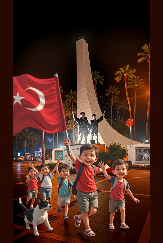 A 3D written "Tugba Kalan" in golden yellow color with its shadow reflected on the ground behind it. A beautiful young woman, 2, wearing a red dress and holding her hand. There is a large Turkish flag in the background.