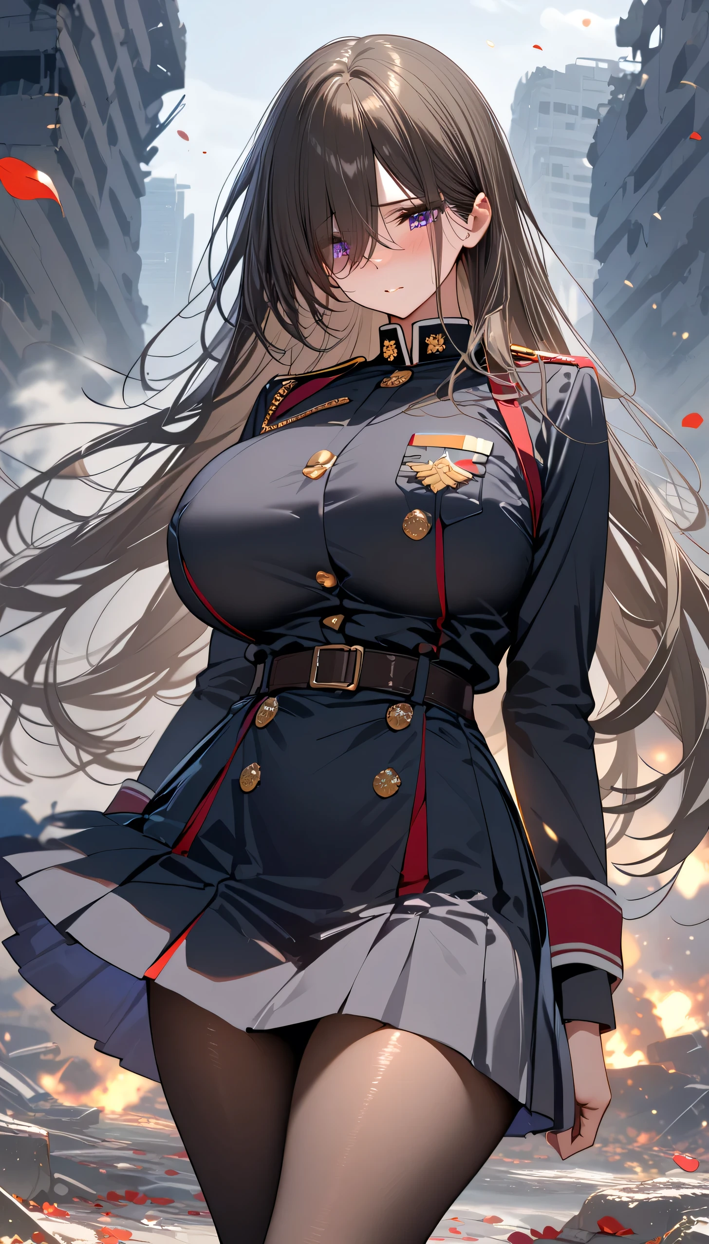 (masterpiece, Highest quality:1.2), (1girl), alone, ((long hair)), (dark brown hair)), (straight hair), ((hair over face)), (hair over one eye), (hair over right eye), (), (purple eyes), detailed eyes, high detail, bloom, ((detailed face)), (beautiful effects), ((huge breast)), (black military uniform), black pleated skirt, black pantyhose, ash, ruins, tired, petals, wind, side view