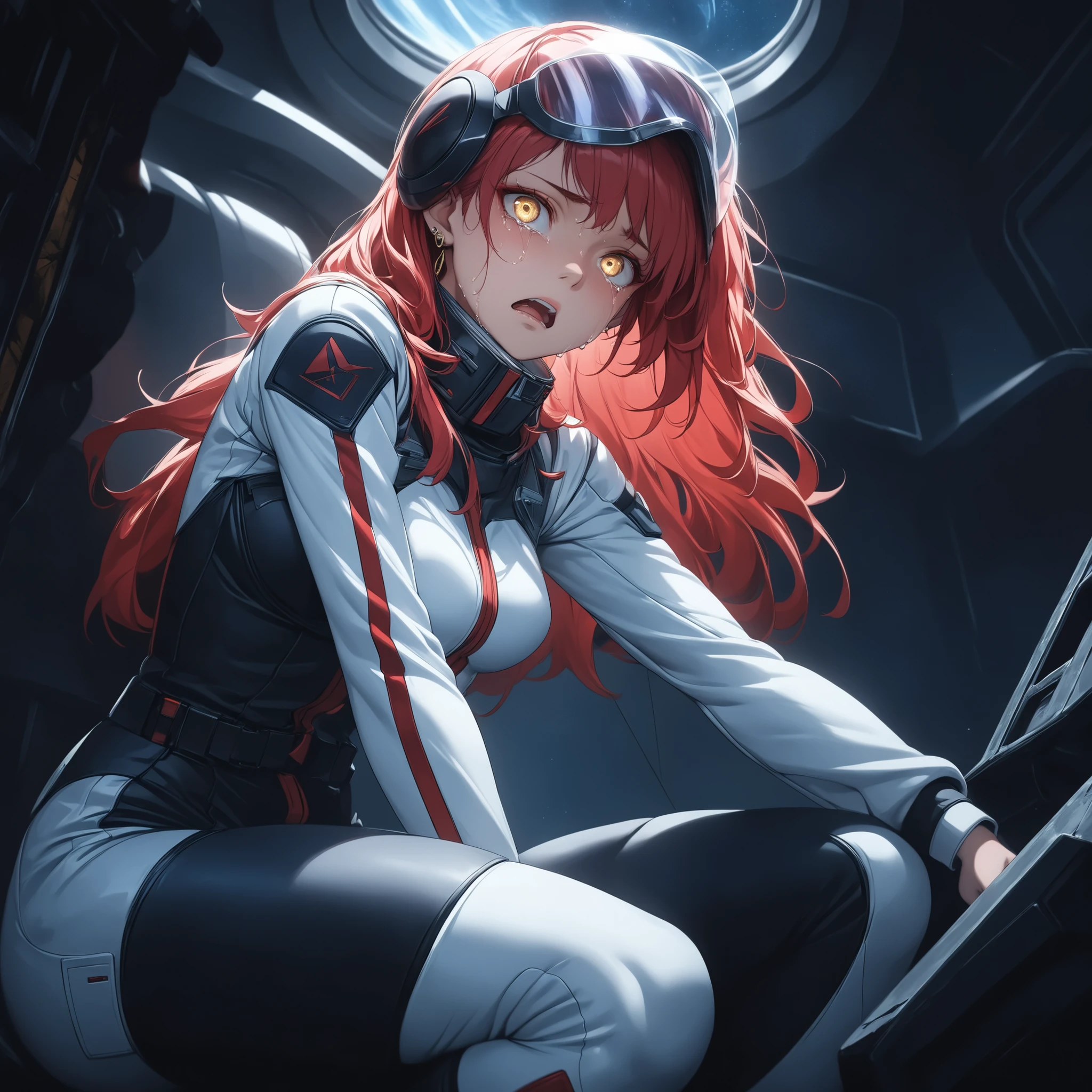 ((extreme quality)), ((Masterpiece)), (( Enrich the picture, Masterpiece level quality)), red hair , Mid-length Layers hair, medium breasts , golden eyes , fierce woman , extreme eyes details, raw 4k, perfect proportions , extreme hair detailed, extreme cloth detailed, extreme detailed , extreme background detailed, Epic background, Extreme Epic background, Movie scene, Realistically, Extreme Realistically, extreme resolution, ((great effect to highlight the subject)) , ( cinematic lighting , moody , textile shading) , perfect proportions , extreme detailed , volumetric lighting , soft lighting , glossy skin, glossy hair, beautiful face , extreme face details, Detailed facial features , Long eyelashes, Incredible atmosphere, Fascinating setting, dynamic pose, red eyeliner, ear rings , eef flight suit, kneel, holding pilot helmet on knee, crying, very afraid face, afraid eyes, bite lip, bend face down, night, screaming,