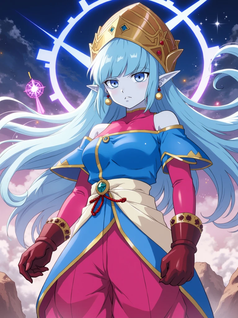 Caway, 1girl, solo, breasts, smile, cleavage, medium breasts, full body, cape, blue dress with gold accents, light-green colored skin, light green colored skin, blue eyes, circlet, detached sleeves, high heels, jewelry, long hair, pink hair <lyco:Caway:1.5>,