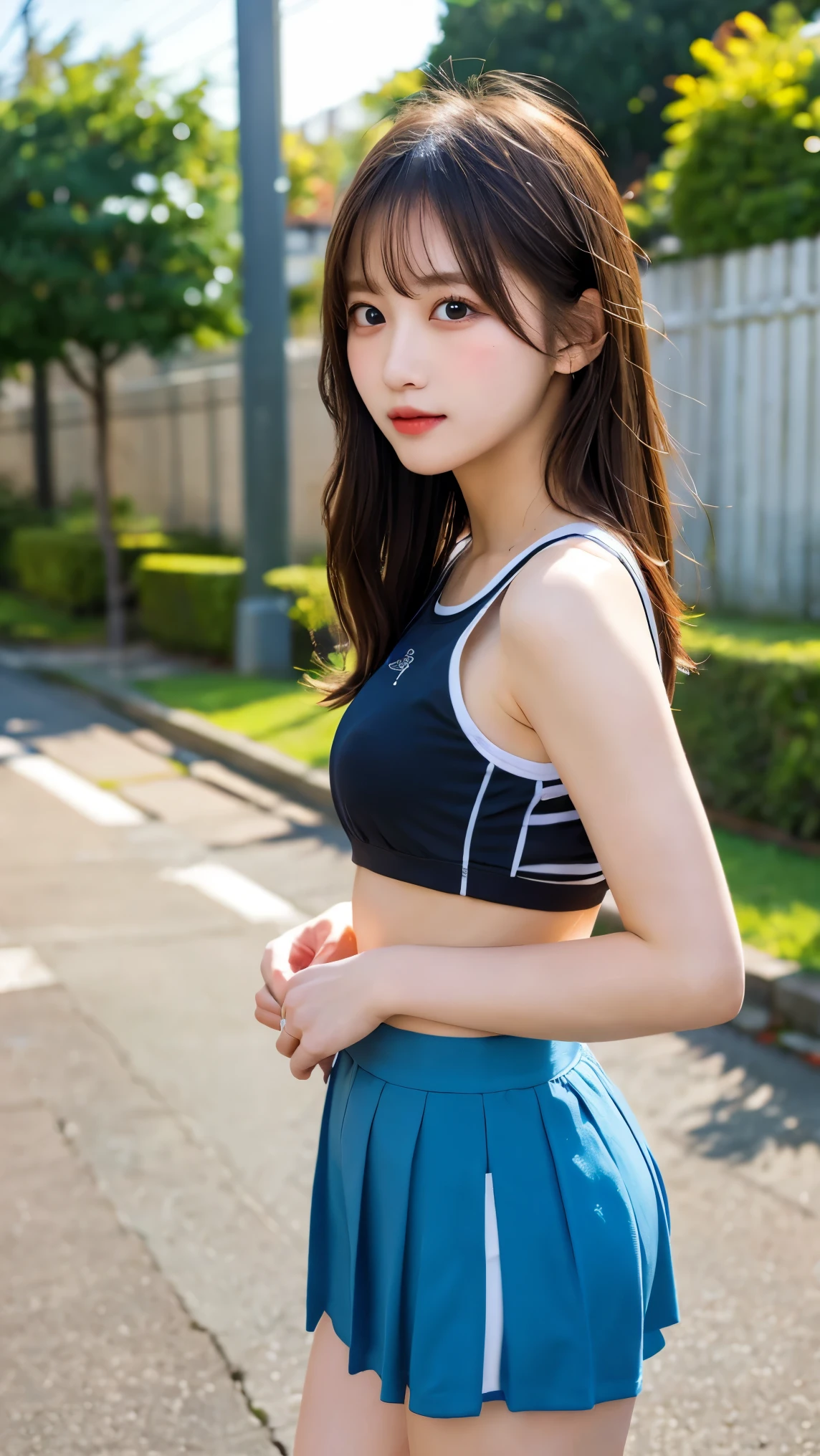 Girls standing in Sakura Park,Navy blue sailor school swimsuit and red bow tie,18-year-old,bangs,A little smile,Thighs,knees,Straight hair with barrette,From below,Front light