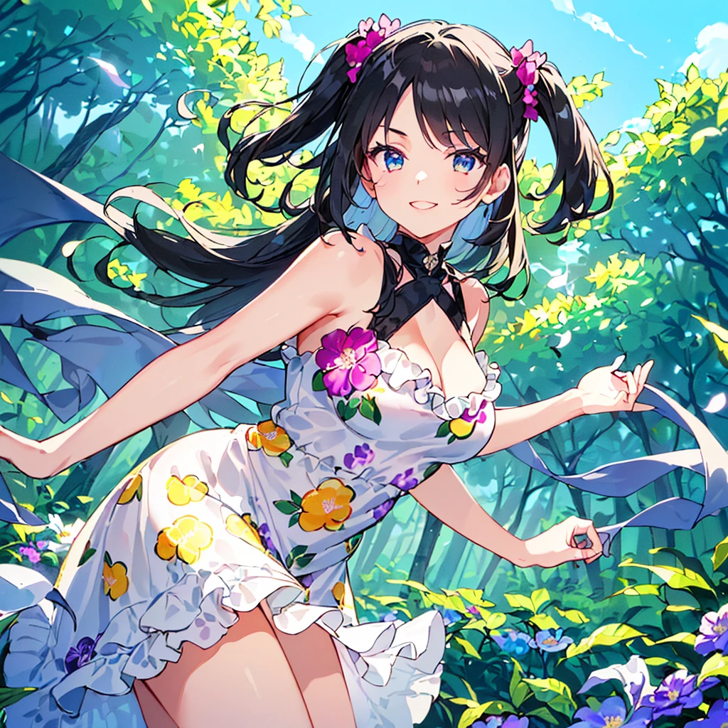 masterpiece, best quality, high quality, extremely detailed, very delicate and beautiful, (1 female 18 years old solo:1.5), (long black hair up to waist with two side up:1.5), bangs to eyebrows, eyes (eyes sharp, strong, glossy, glossy eyebrows, (eye color magenta:1.3), 6.5 head height, (zinnia flower print summer fashion:1.3), knee socks, lace, frills, (smiling), (running:1.3), (smiling)), (dynamic pose), (background zinnia flower field:1.3), (blue sky:1.3)