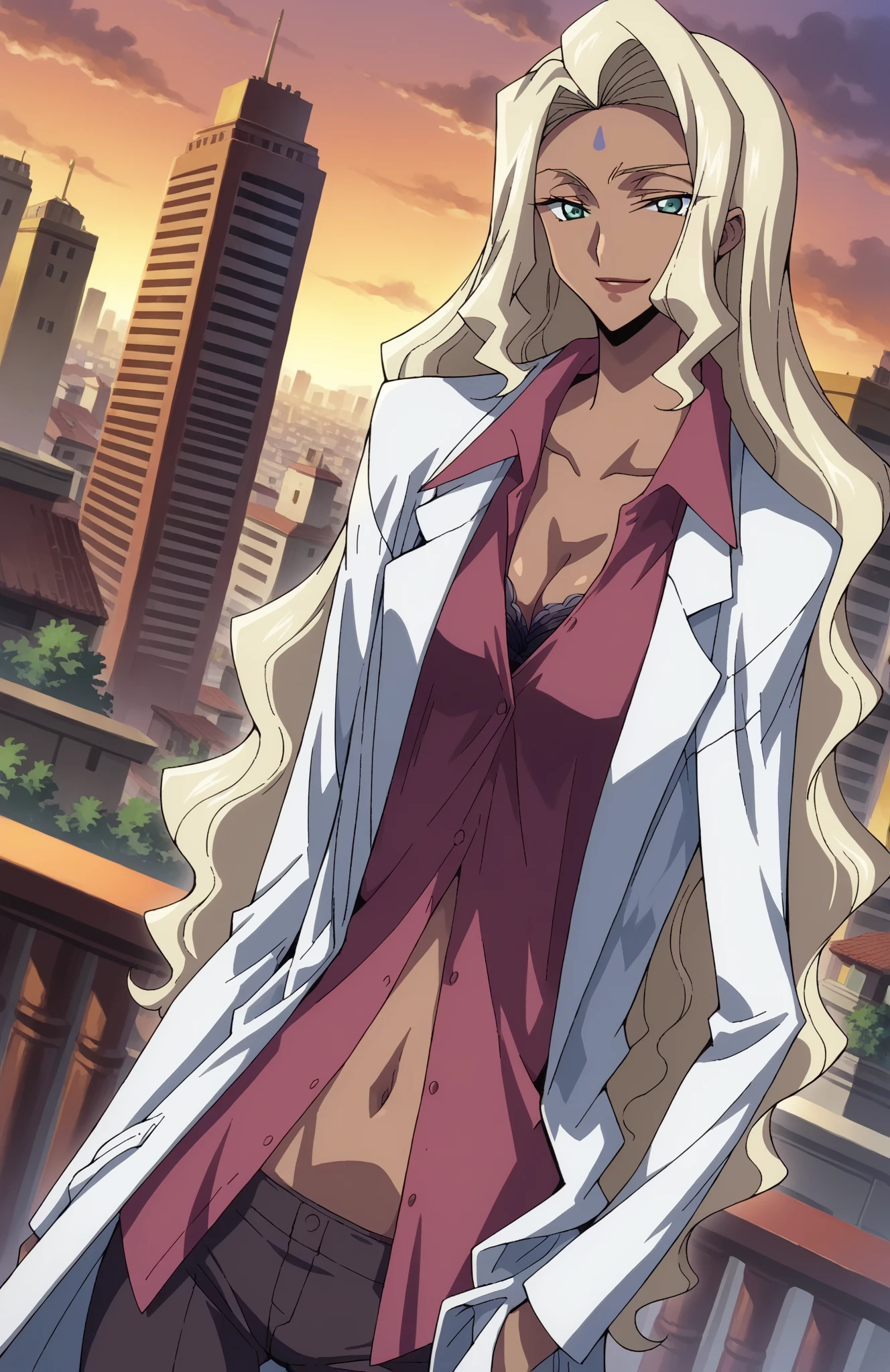 ANIME_Rakshata_Chawla_aiwaifu69,aiwaifu69,long hair,blonde hair,dark skin,dark-skinned female,forehead mark,cleavage,facial mark,large breasts,lipstick,earrings,labcoat,makeup,blue eyes,jewelry,kiseru,midriff,pants,shirt,open clothes, masterpiece,best quality,ultra detailed, 8k, 4k,highly detailed, scenery,pose,solo,
 <lora:ANIME_Rakshata_Chawla_aiwaifu69:1>