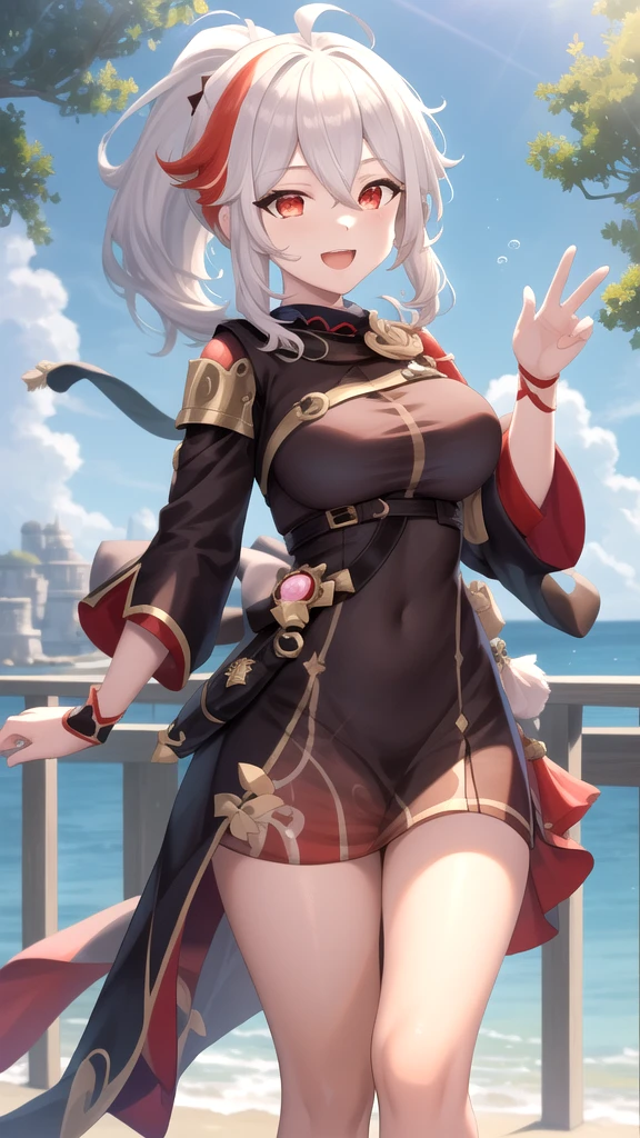 masterpiece, medieval townscape　horizon　Upper body　girl, aqua  eyes, ((((nude)))), nsfw,　spread legs　hands behind head　clear　blonde two tone hair, 　((((((hair over one eye)))))), Braid Styles, spiked hair, blunt bangs, bob hair, a braid, Ahoge　red eyes　looking at the viewer　　adventurer　((from front)), closed mouth, scared, standing, spread legs, spoken heart　,greaves, ((((brown skin)))), smile, happy
