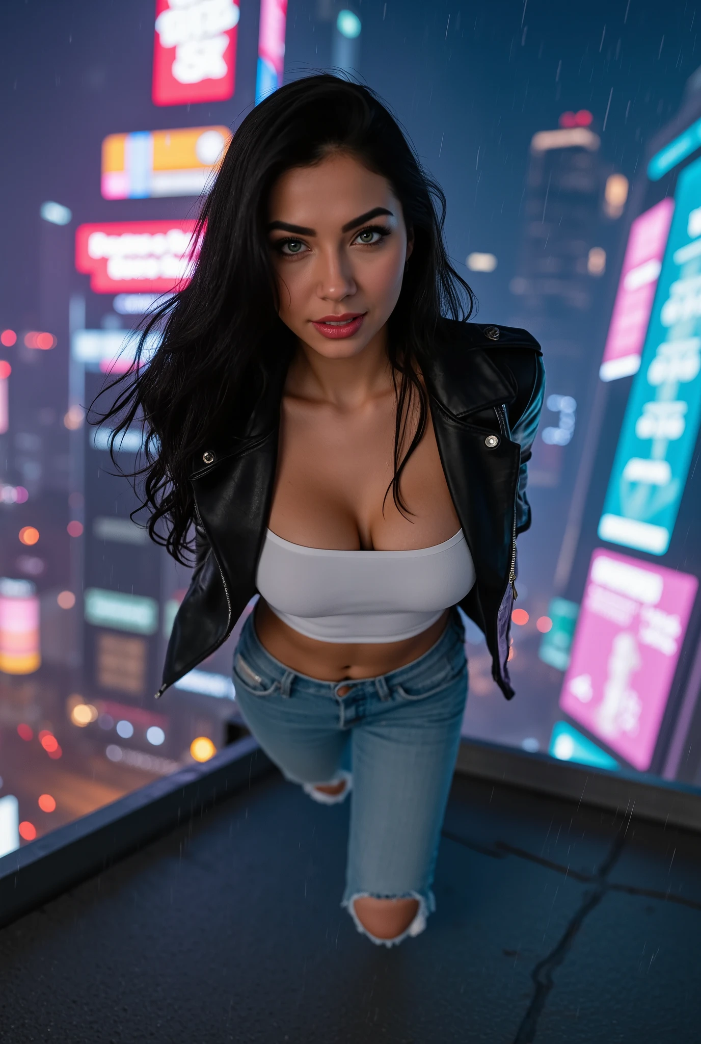 ((masterpiece, best quality, Highest image quality, high resolution, Reality, RAW photos, 8K)), Future city ruins,Huge humanoid,standing on top of the building,Beautiful girl,Tight leather jacket,Off-shoulder,Large Breasts,Long hair,Pretty face,Closed mouth,dramatic,Mid-range portrait,midnight
