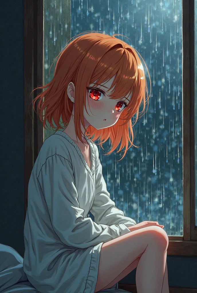 A beautiful detailed anime girl with short orange hair, overdosing in drugs,heart shaped broken heart blood on face, sad scenes, taking shelter from the rain, subdued colors, dead eyes, intricate details, cinematic lighting, dramatic atmosphere, melancholic mood, moody weather, rain effects, puddles, wet surfaces, gloomy sky